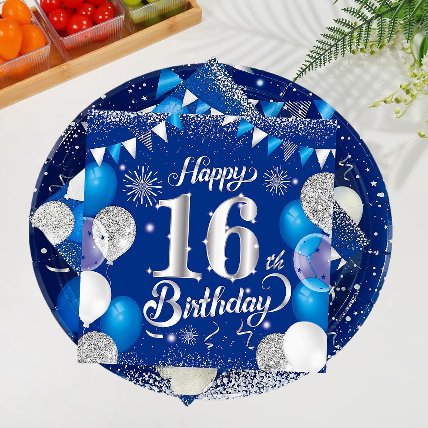 40PCS 16 Year Old Youth Birthday Party Set, including Navy Blue 7-inch Dessert Plate and 16th Birthday Napkins, suitable for 20 guests to attend boys and girls' birthday parties - Image 2