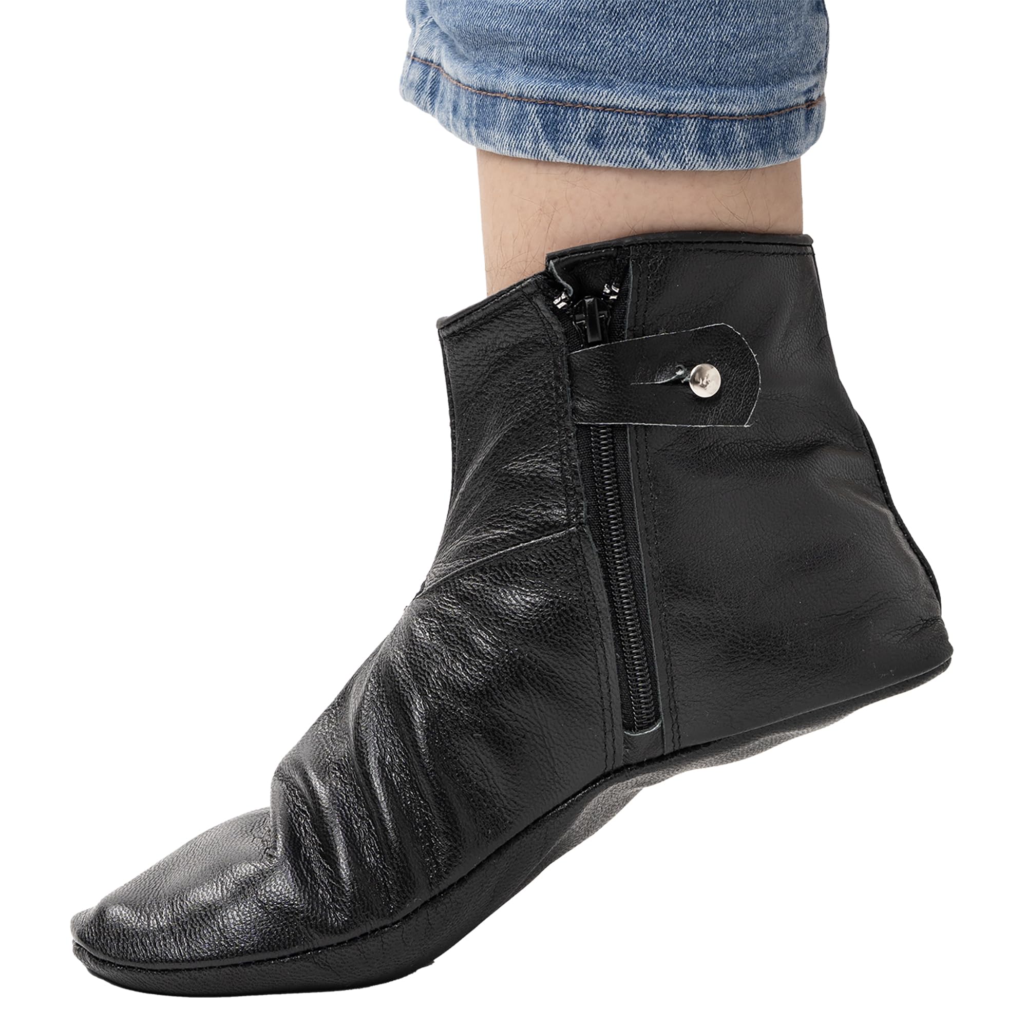 Modefa Men's Islamic Mest Sock Soft Goat Leather Muslim Khuff Kuffain Wudu Ablution - Zipper Stretch Slippers Black