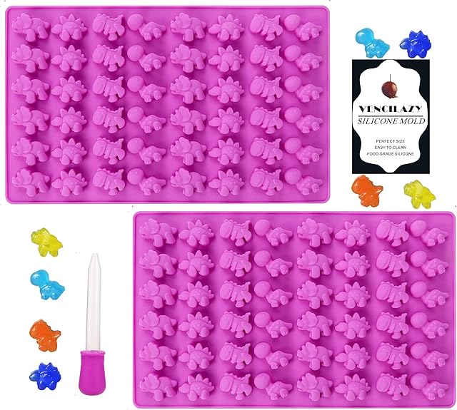 Vencilazy Mini Dinosaur Silicone Chocolate Moulds 2PCS 48 Cavity Dinosaur Shape Mold with Droppers Non-Stick Candy Jelly Moulds Ice Cube Tray Reusable Soap Wax Decor Flexible Baking Mould, Purple