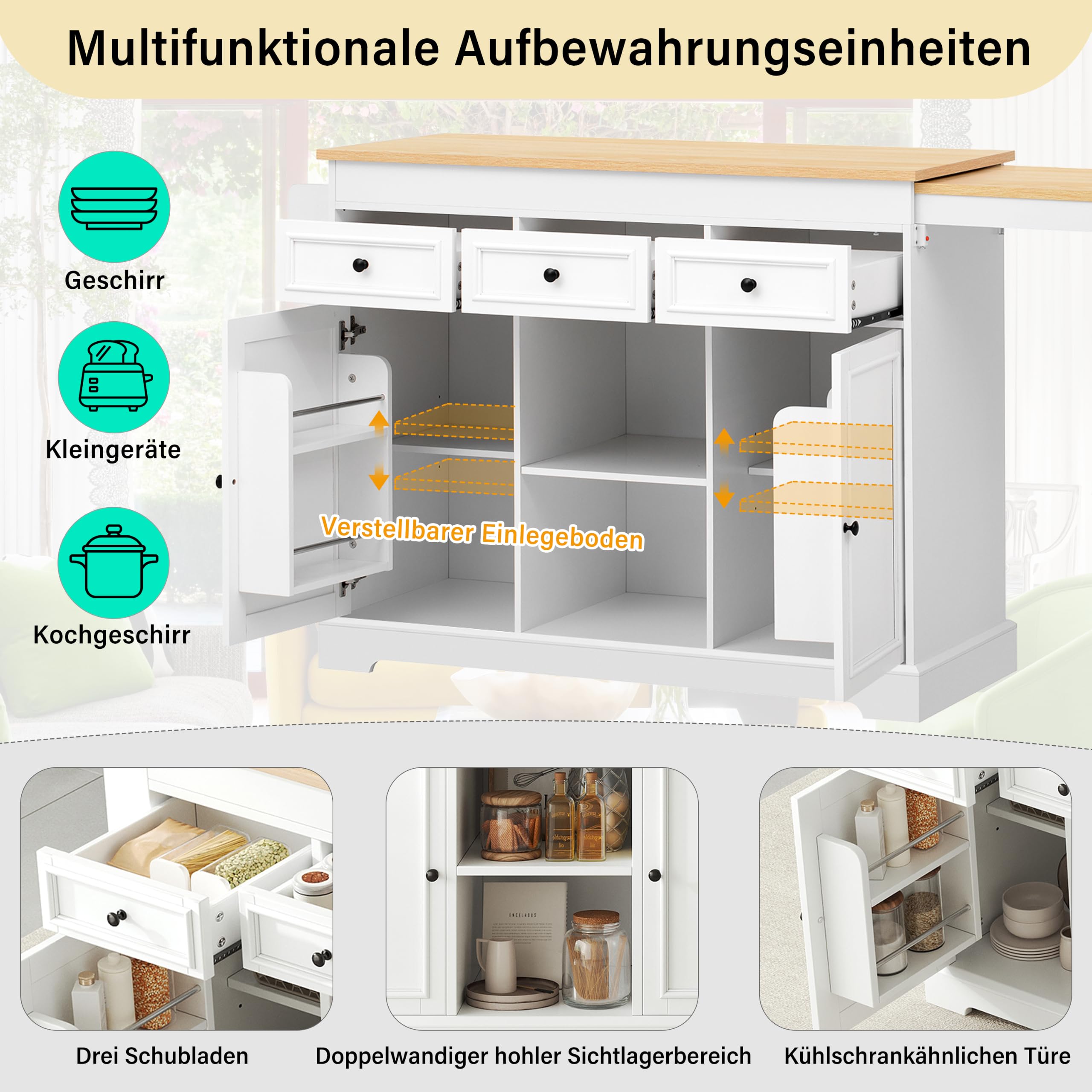 Merax Îlot de Cuisine sur roulettes Extensible 112–188 cm, Îlot Central Cuisine avec Plan de Travail Coulissant, Rangement Épices, Tiroirs et Placards, Îlot Cuisine Mobile Autoportant Blanc