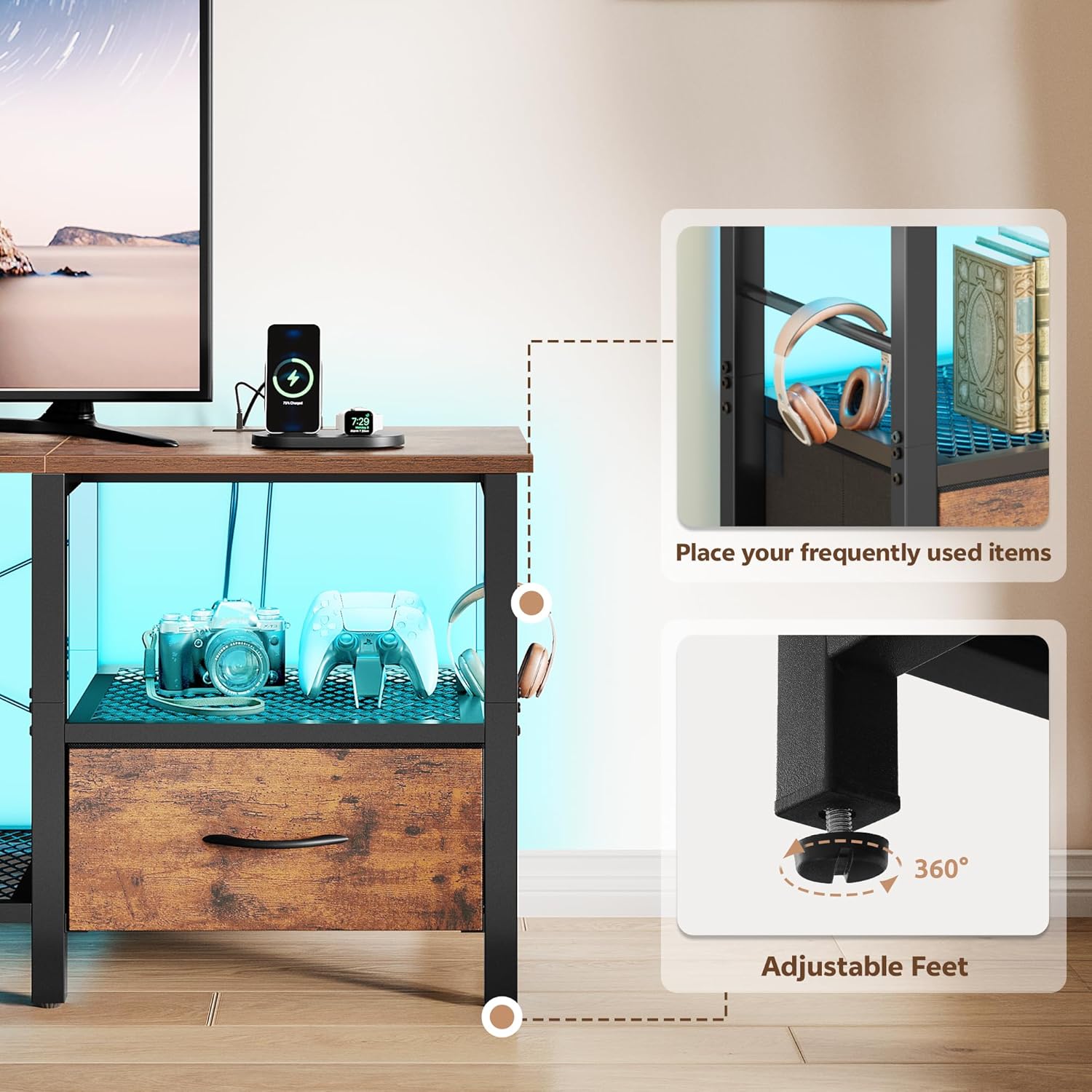 TV Stand for 55 Inch TV, LED Entertainment Center with Fabric Drawers and Power Outlets, Modern Industrial TV Media Console for Living Room, Bedroom Storage Cabinet - 47.2'' Rustic Brown