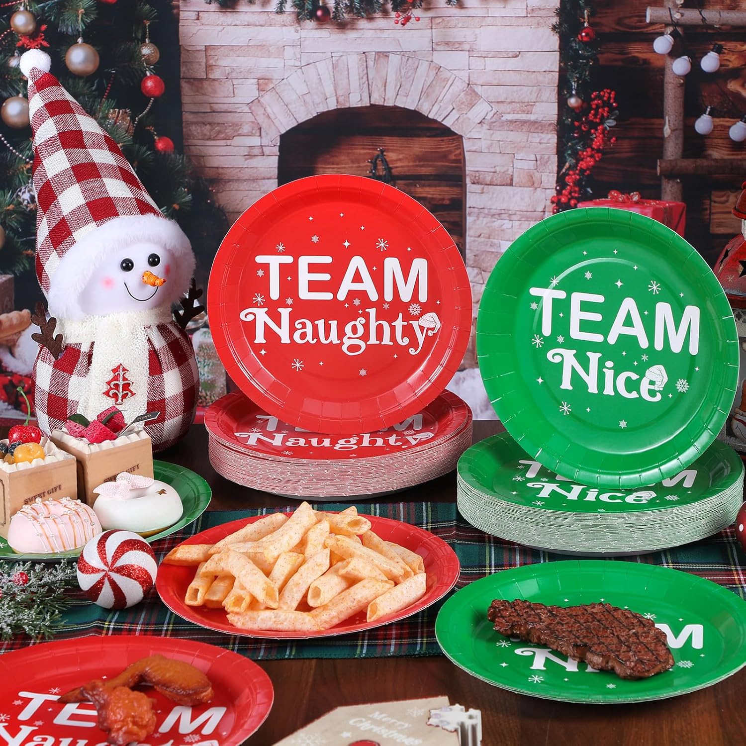 Uiifan 100 Pcs Christmas Paper Plates 9 Inch Disposable Plates Team Nice or Naughty Party Supplies Christmas Cocktail Tableware Xmas Dinner Table Decoration Holiday Party Supplies, Serve 100 Guests