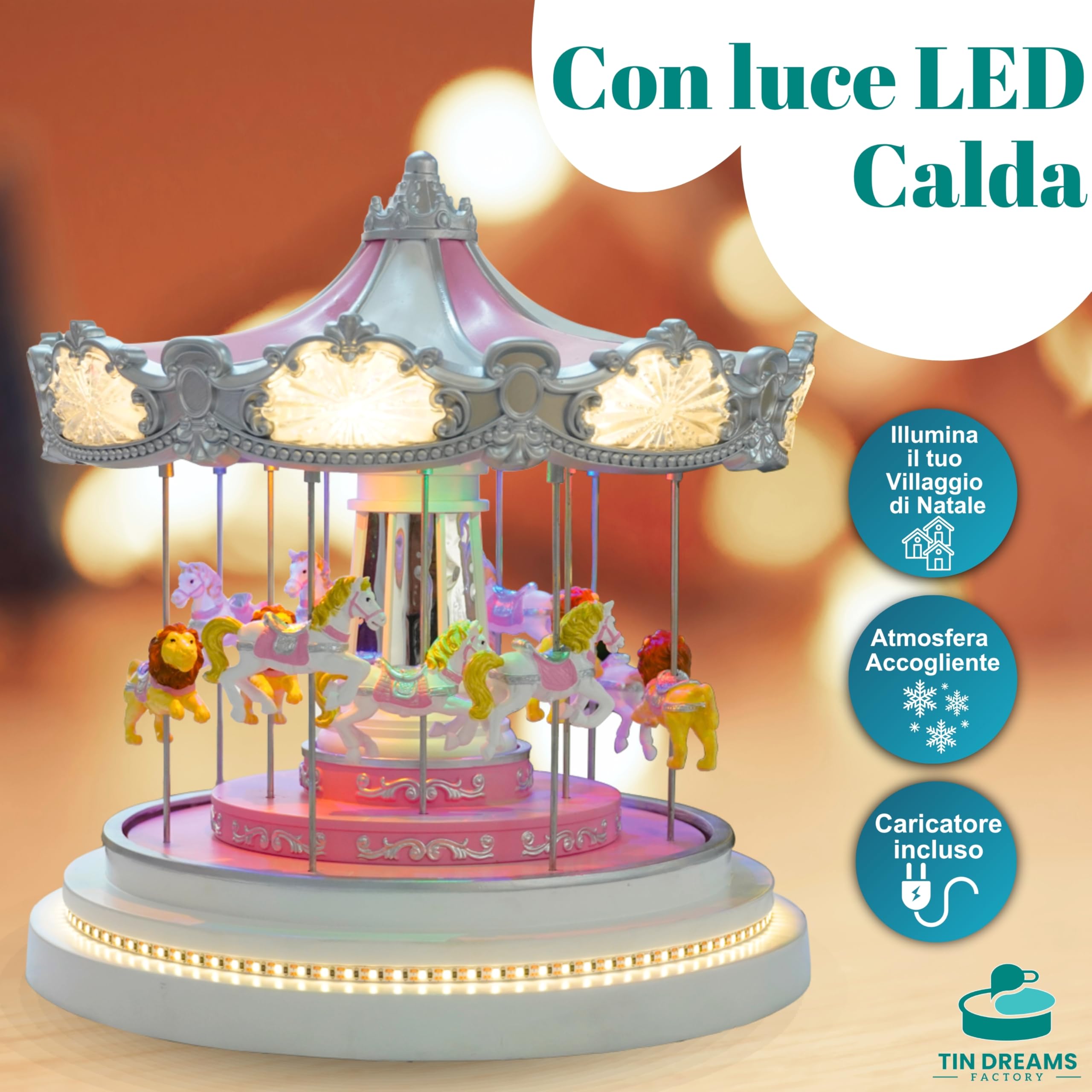 Tin Dreams| Giostra Natalizia Grande con Movimento, Musica e Luci LED| Giostrina Musicale| Villaggio di Natale, Casette, Borgo Miniatura, Scena Animata Illuminata| Addobbo Decorazioni Natalizie
