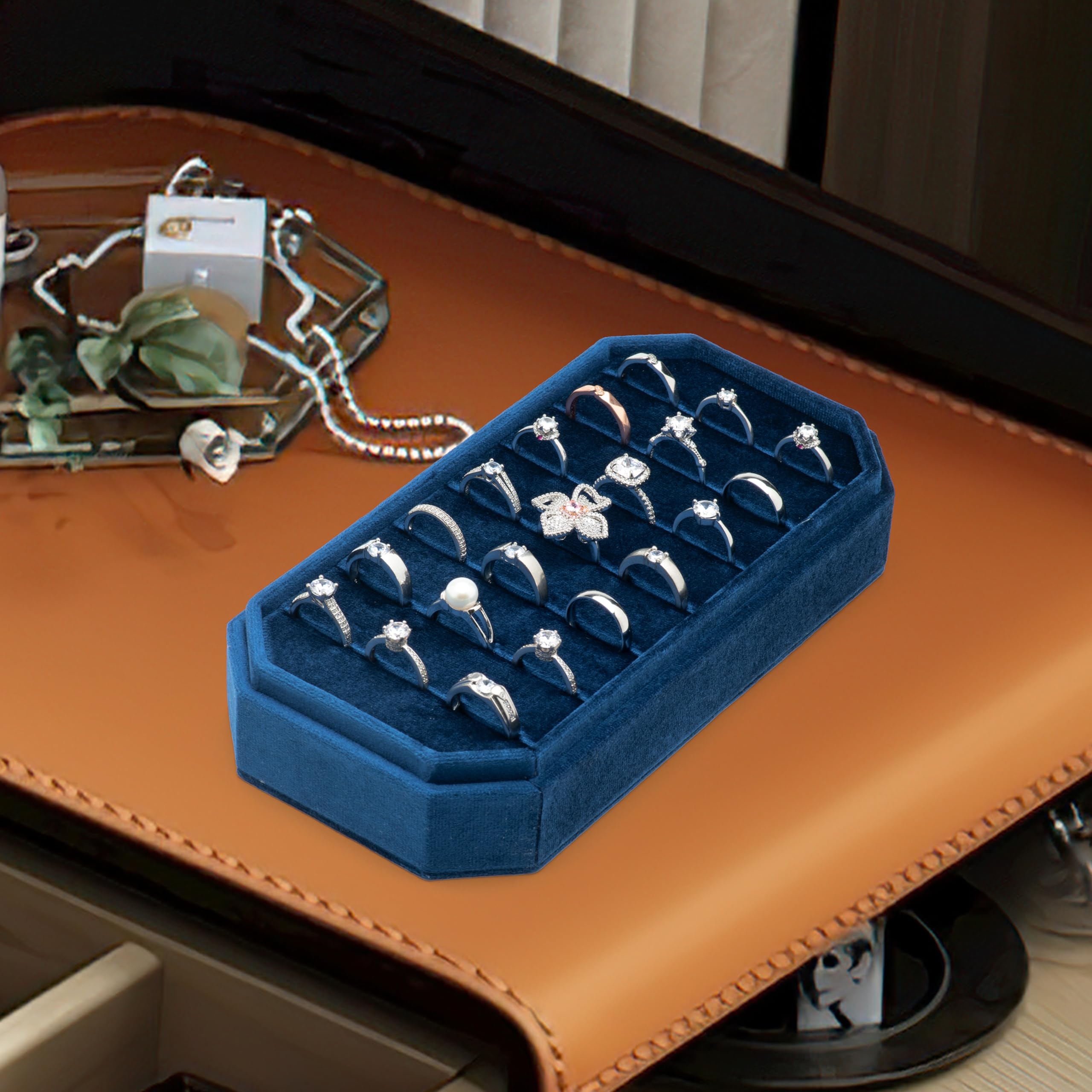 Velvet Ring Organizer Display Tray Jewelry Box Earring Holder Case for Wedding Birthday Christmas Day (): Dark Blue