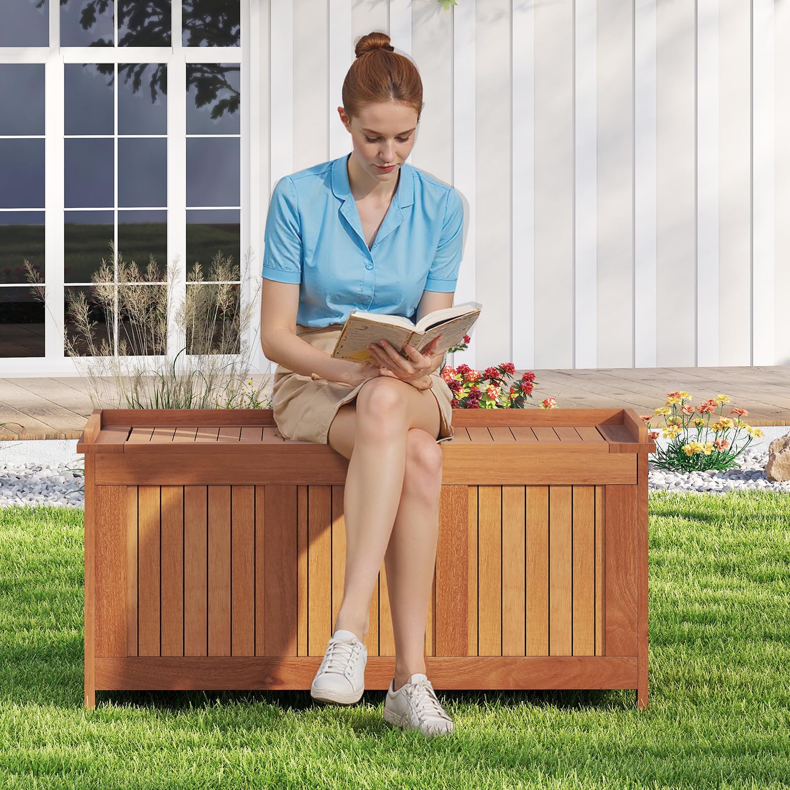 COSTWAY Baule da Giardino 220L, 3 in 1 Cassapanca Contenitore in Legno Massello con Coperchio Ribaltabile e Bordi Rialzati, Panca Portaoggetti per Interni e Esterni, 113,5 x 52 x 58,5 cm