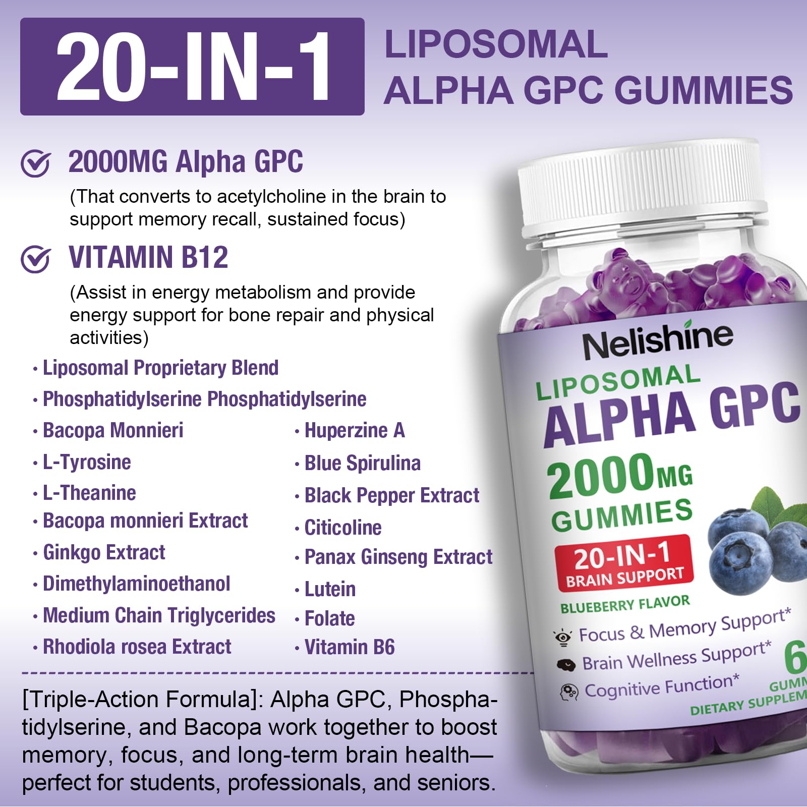 2 Pack Liposomal Alpha GPC 2000mg & Citicoline Gummies Complex Phosphatidylserine,Ginkgo Biloba,L-Tyrosine,Huperzine A & B Vitamins,20-in-1 Blend for Focus, Memory & Cognitive Support — Amazon image 3