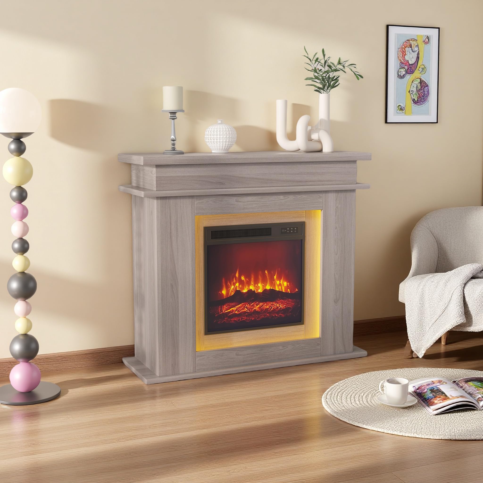 Camino elettrico da 40 cm con effetto LED 3D, effetto fiamma realistico con riscaldamento reagl, timer, striscia LED in 20 colori, telecomando (rovere)