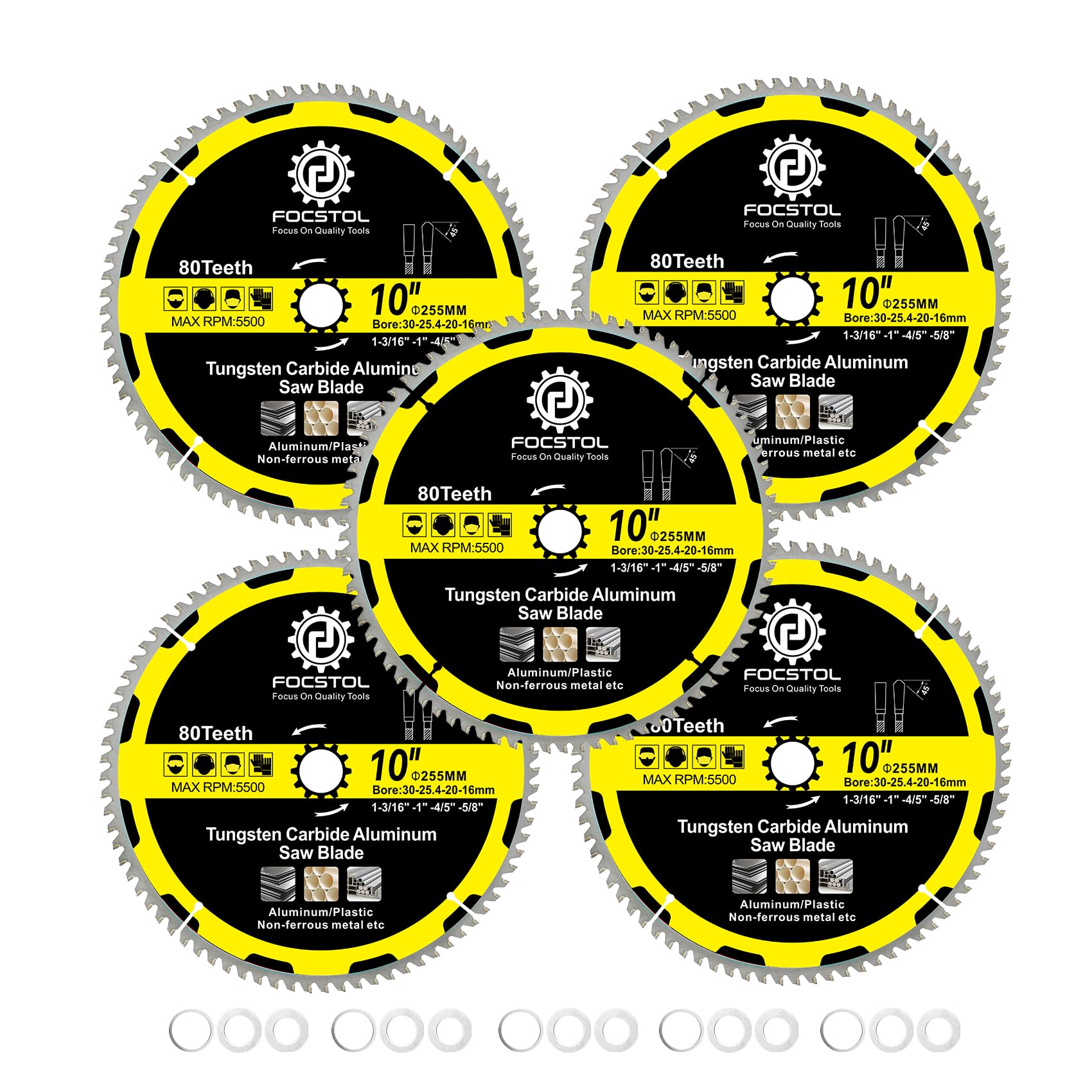 FOCSTOL 255mm Aluminum Cutting Circular Saw Blade - 5pcs 80 Teeth TCG Non-ferrous Metal Cutting Blade with 30mm Arbor for Aluminum Non-ferrous Metals Plastic