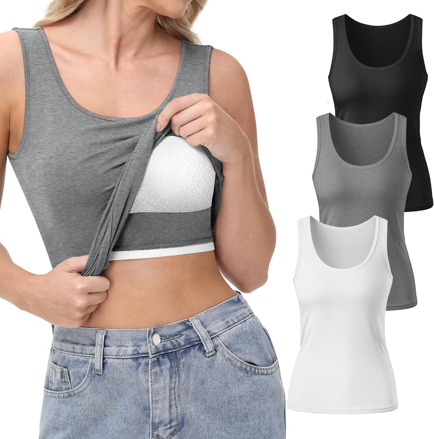 Neer 3 Pack Women’s Tank Top with Built in Bra Scoop Neck Workout Yoga Cotton Camisole Shelf Bra Wide Strap Basic Undershirt(Black, Gray, White,X-Large)