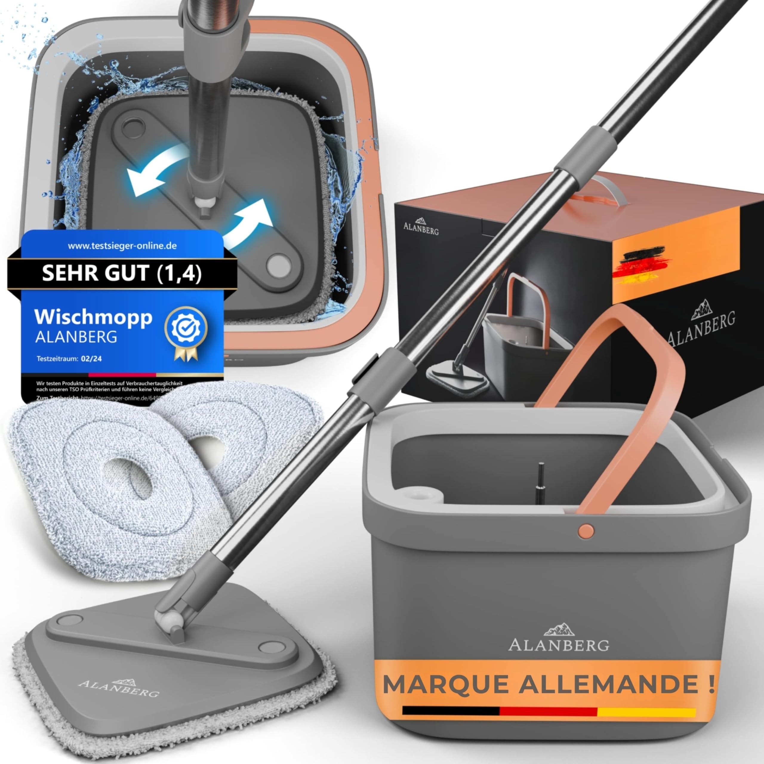 Serpillière et Seau Essoreur – Système à 2 Compartiments avec 2 Tampons Microfibre, Balai Plat de Nettoyage Sol et Ménage, Mop de Sol Plat avec Seau de Nettoyage, Gris – ALANBERG®
