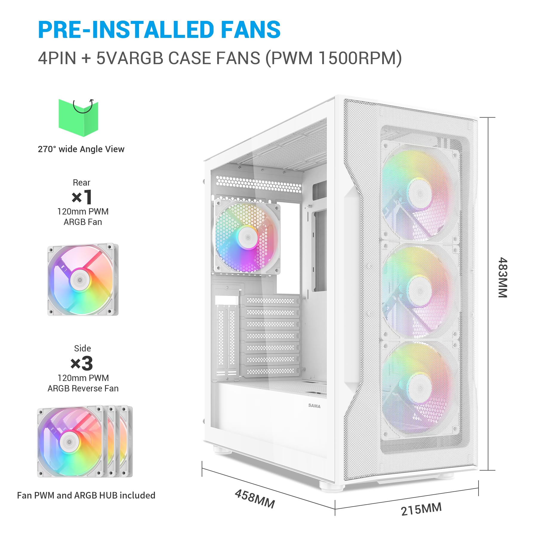 SAMA Obudowa PC S40 Mid Tower – panel przedni z siatką o wysokim przepływie powietrza, panel boczny ze szkła hartowanego, 4 x 120 mm wentylatory ARGB PWM, obsługuje płyty główne ATX/M-ATX/ITX i GPU