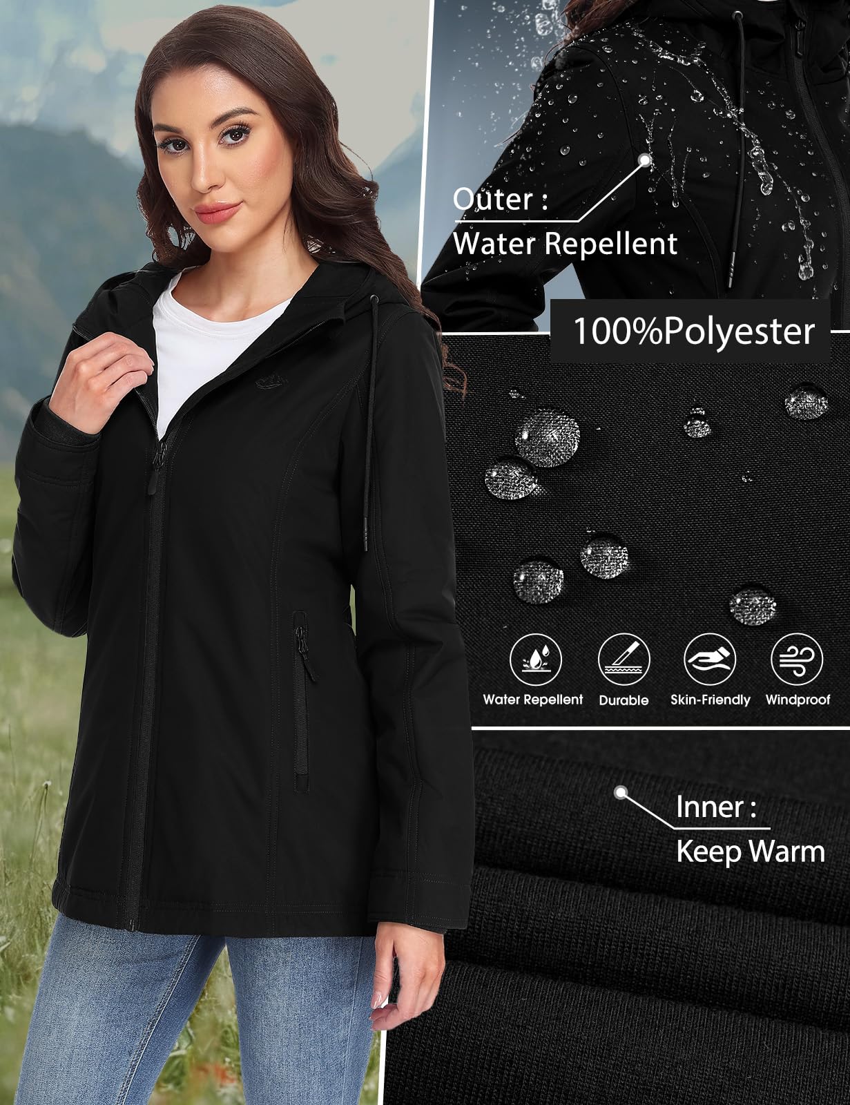 Jacke Damen Übergangsjacke Leichte Softshelljacke Wasserdichte Damen-Jacken Outdoor Jacken Gefütterte Windjacke mit Kapuze