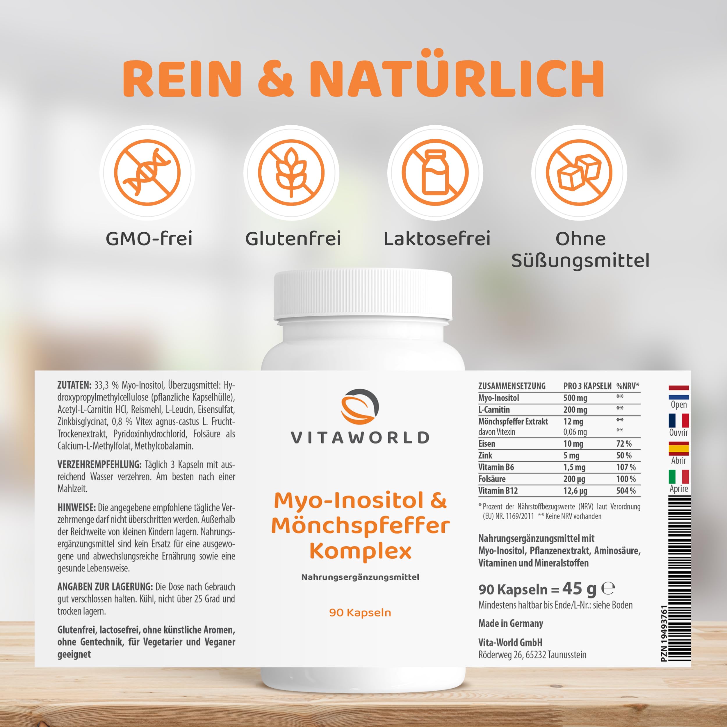 3x Myo Inositol & Mönchspfeffer hochdosiert – 270 vegane Frauen Vitamine Kapseln mit L-Carnitin, Folsäure, B6, B12, Eisen & Zink - Vitex Agnus Castus - laborgeprüft, gluten- & laktosefrei - vitaworld
