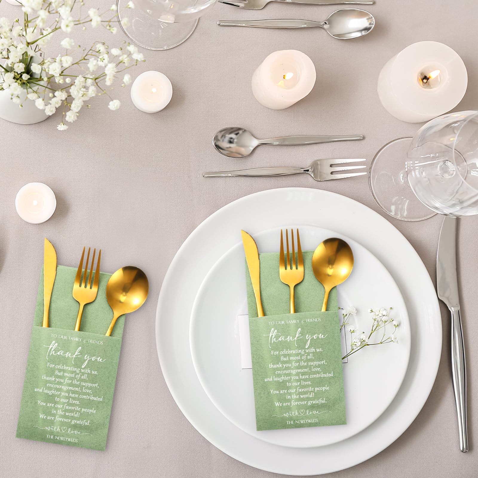 Qilery Lot de 100 serviettes de table unies avec poche intégrée pour fête prénuptiale, répétition, dîner (vert sauge)