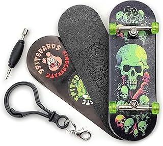 SPITBOARDS 32 x 96 mm Fingerboard Complete Wood Set-Up Assembled, Silver Trucks with Bushings and Nuts, CNC Bearing Wheels in Transparent Green, Lasered Grip Tape Lime Green Skull and Bones