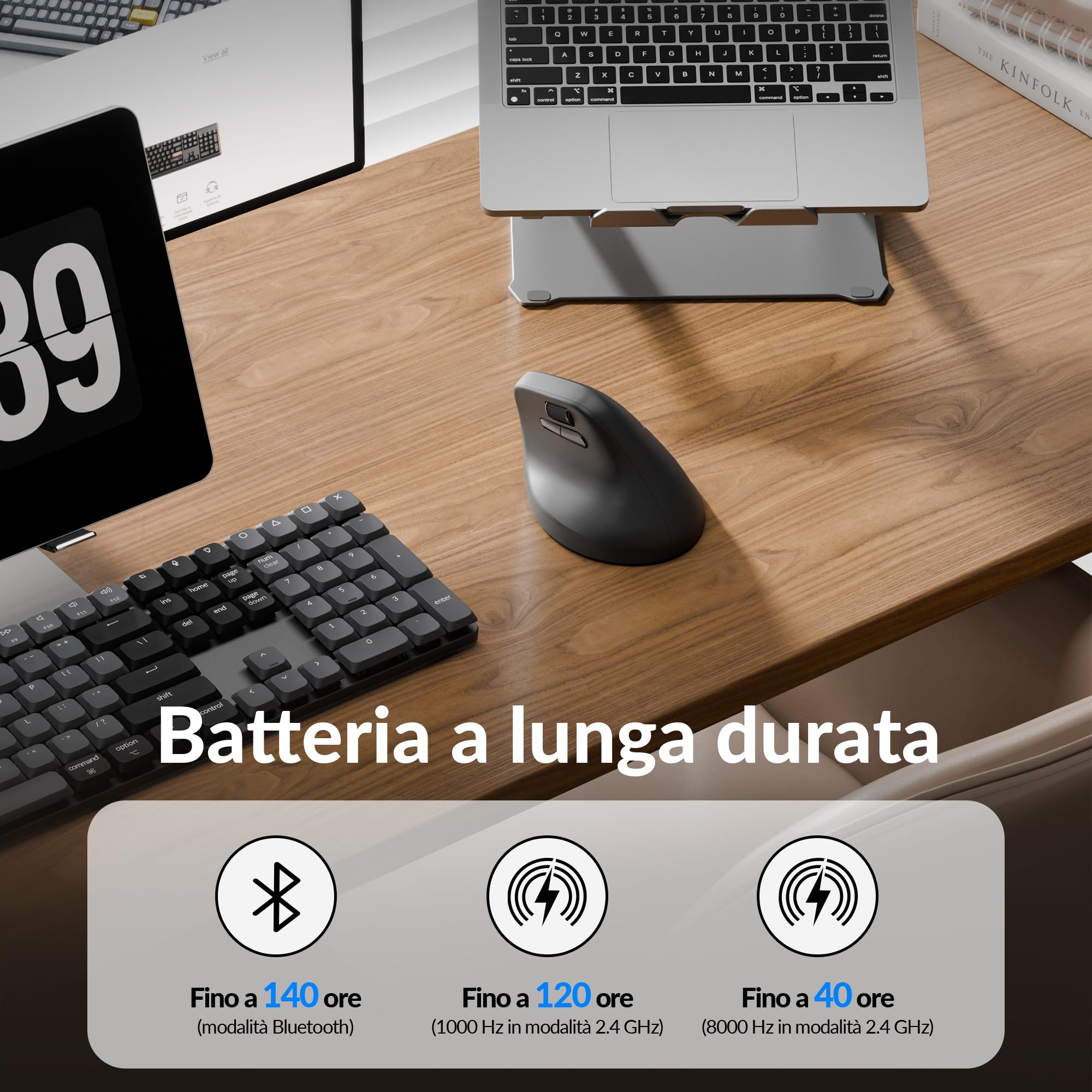 Keychron M5 8K Mouse Ergonomico Verticale, 30 000 DPI, 750 IPS PixArt 3950, 2,4 GHz/Bluetooth 5.3, Batteria da 600 mAh, Programmabili, Mouse da Gioco Wireless 8000Hz per Windows, macOS e iPadOS - Nero