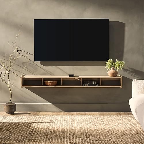 Miniatura 5 de Walker Edison Zee Modern Floating Mounted Minimalist TV Stand, 65 Inch Length, for TVs up to 70 Inches, Coastal Oak Roble costero,Negro