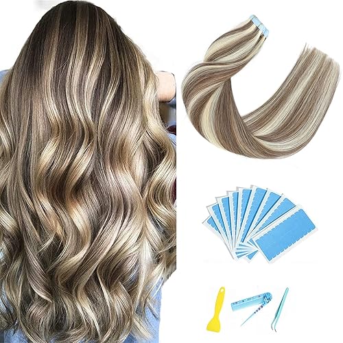 Extensiones de cabello humano con cinta adhesiva, color marrón claro degradado y rubio con rubio decolorado, 20 unidades, 1.76 oz, 18 pulgadas,