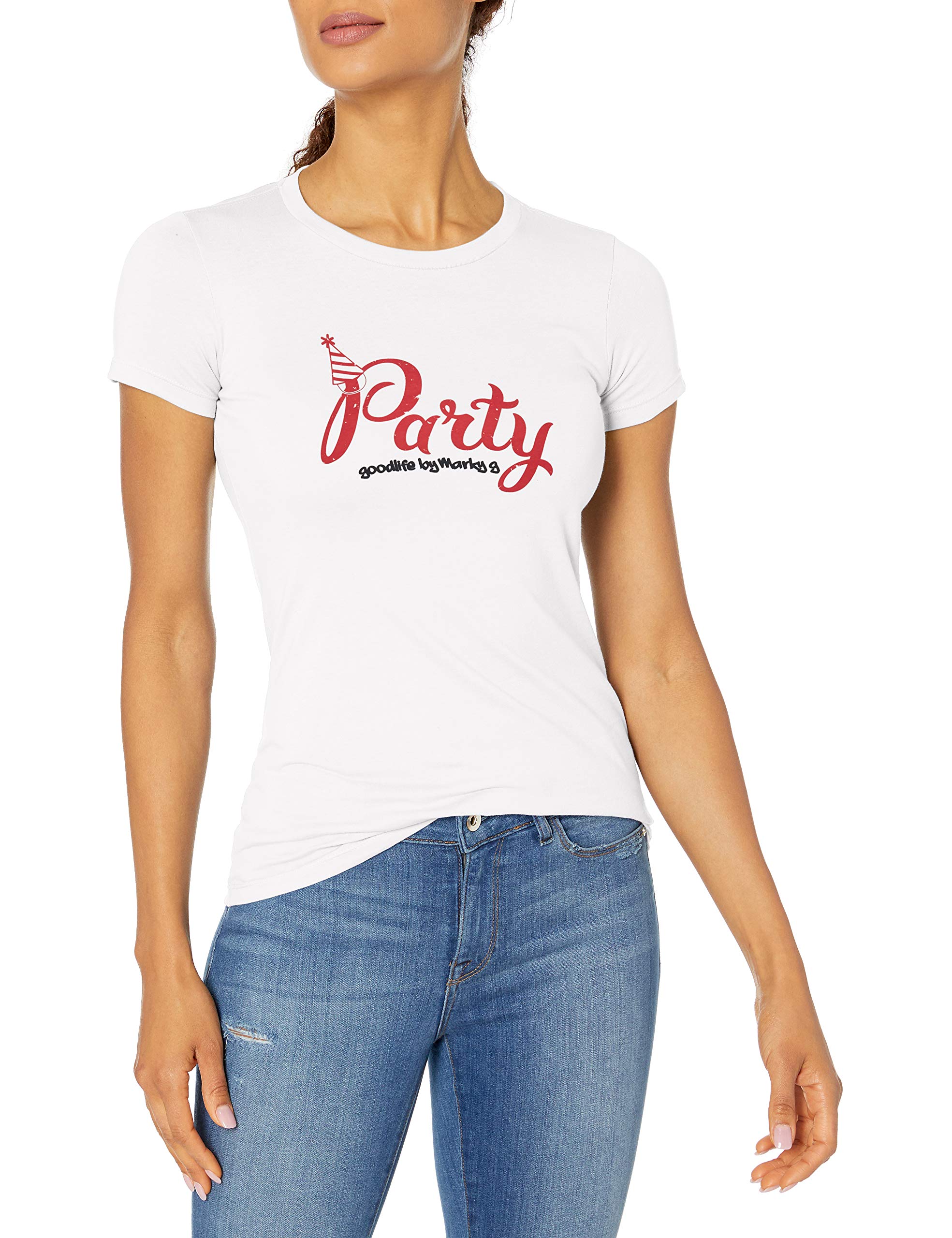 Marky G Apparel Women's Casual Short Sleeve Crewneck Tops Blouses Slim Fit T-Shirt with Party Printed, White, XL, White, XL