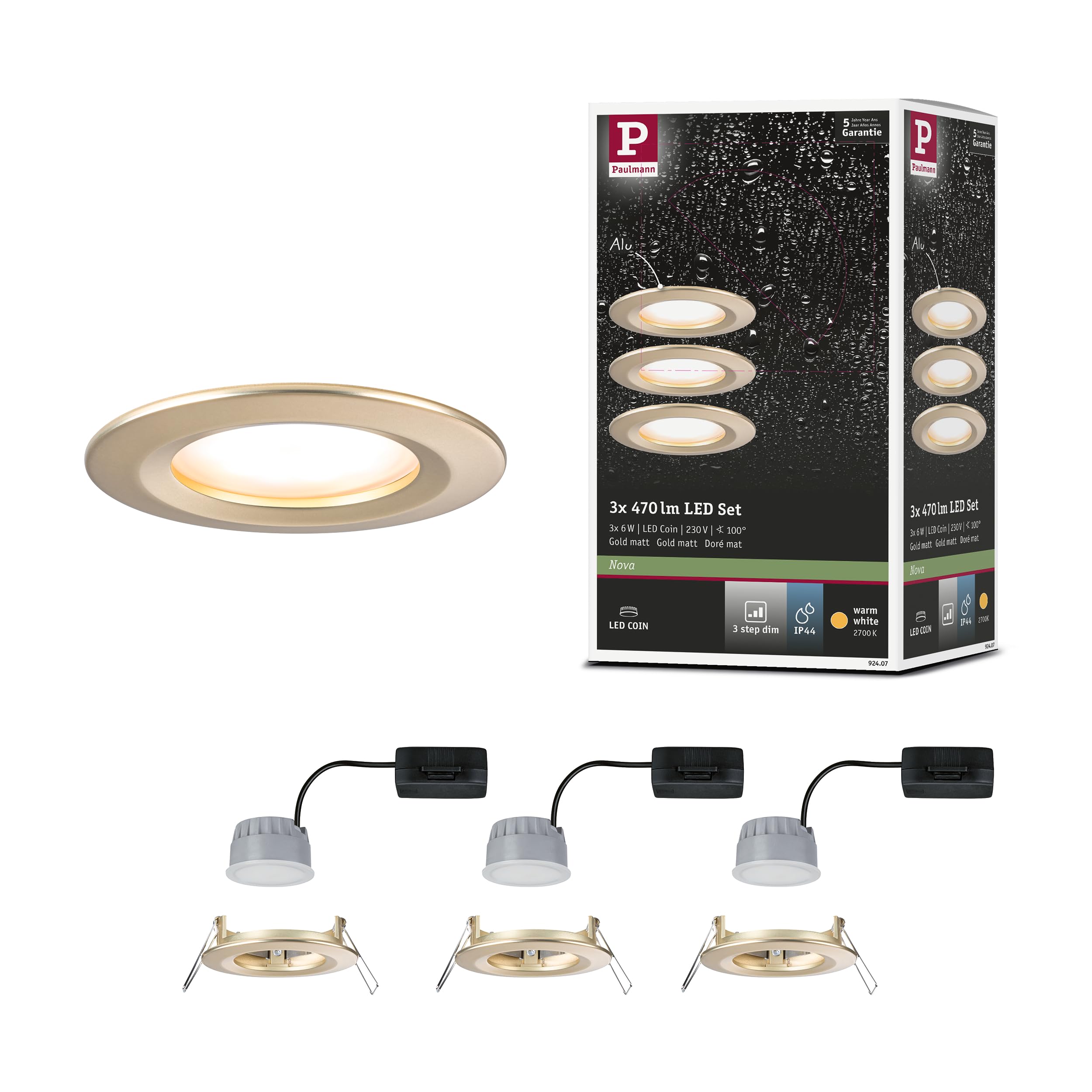 Paulmann 92407 LED Recessed luminaire 3-Step-Dim Nova Coin IP44 Round 74mm Coin 3x6W 3x470lm 230V dimmable 2700K Gold matt