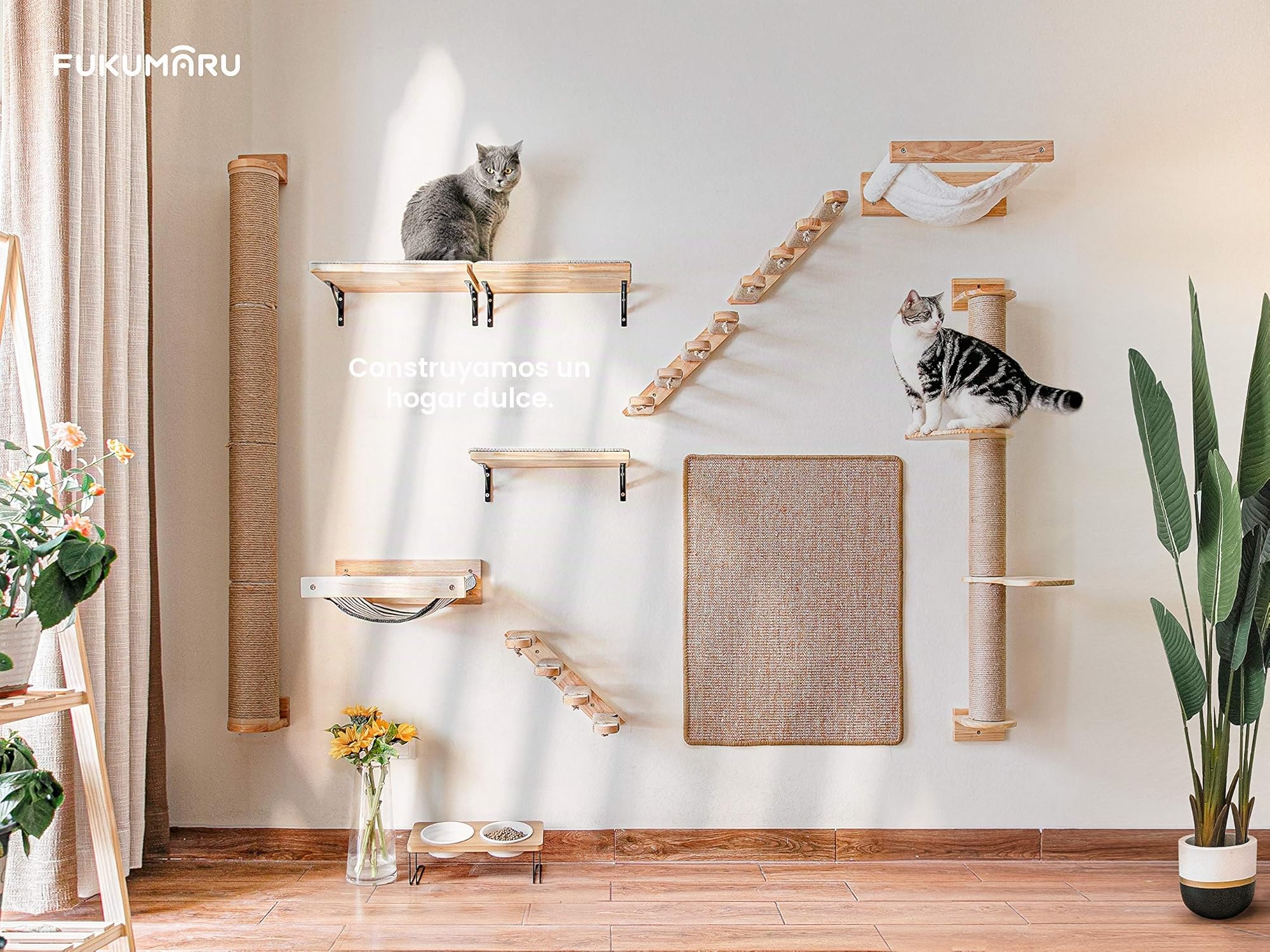 FUKUMARU Estante de Escalada para Gatos Montado en la Pared, Hecho de Madera de Caucho, Escalera de Gato con Rascador de Yute para Gatos, Suministros de Plataforma de Perch. De Izquierda a Derecha