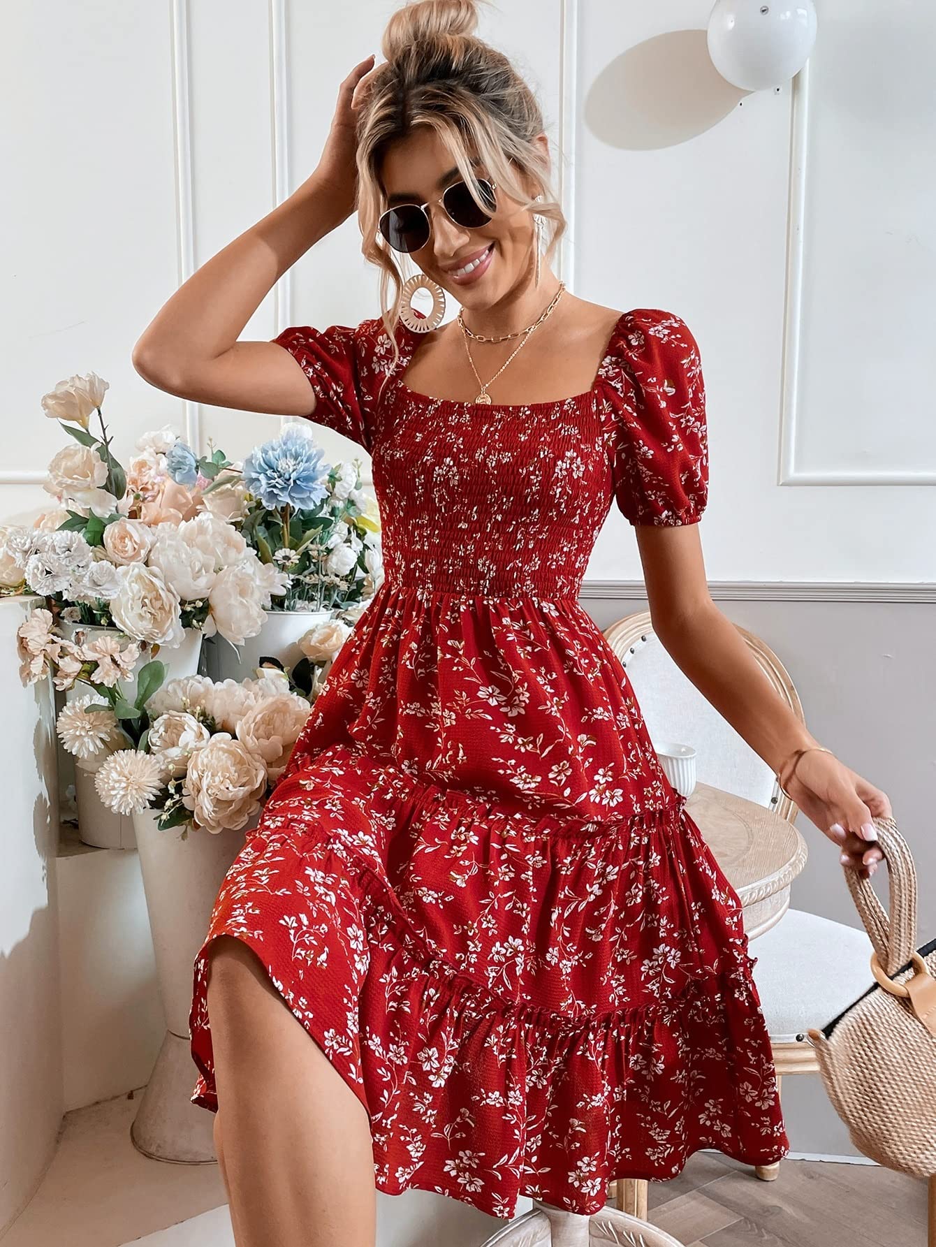 ヌキテパ Foil Flower Print Sleeve Dress S Cotton Voile Foil Flower