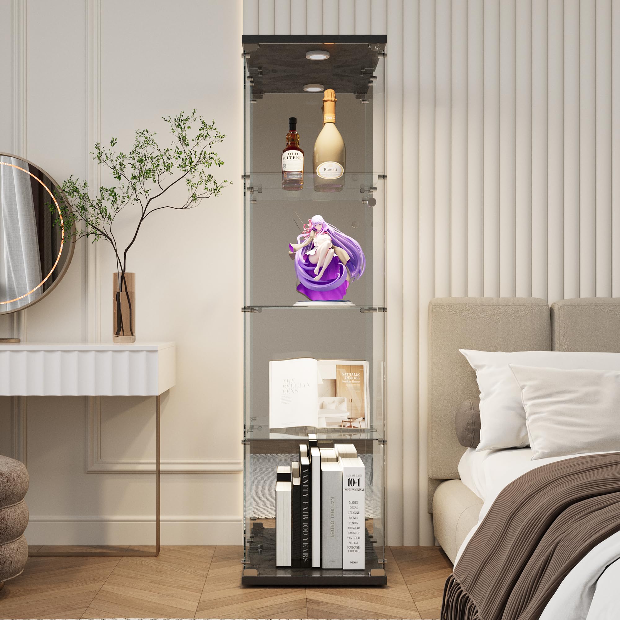 Vitrine en verre 4 couches BSGMSGN avec lumières LED et miroir 1 porte et serrure, étagère indép. (noir)