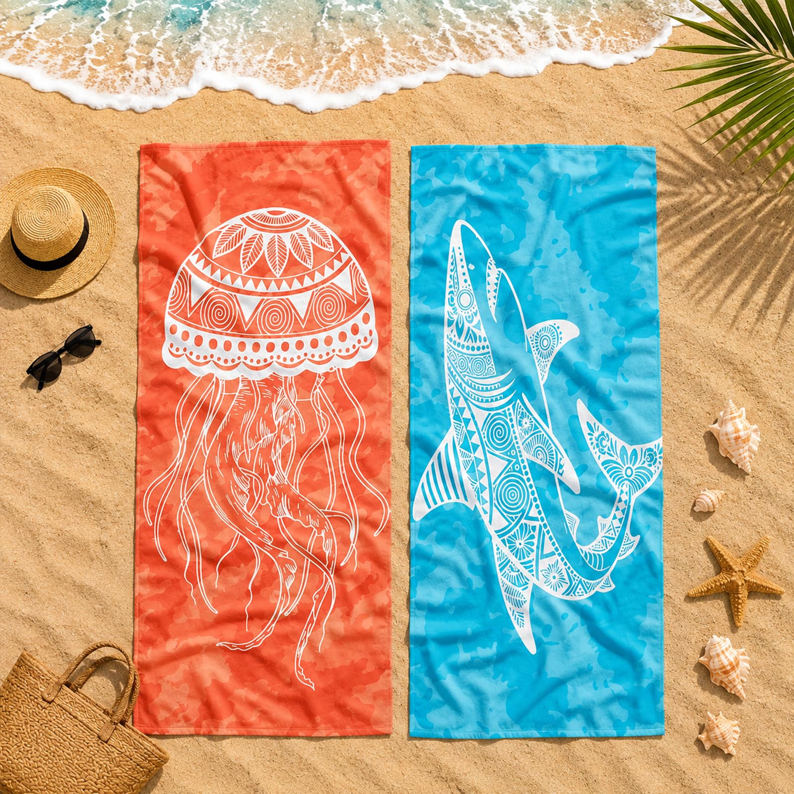ORIGACH 2 Pack Ocean Theme Thin Lightweight Microfiber Beach Towel, 71x31