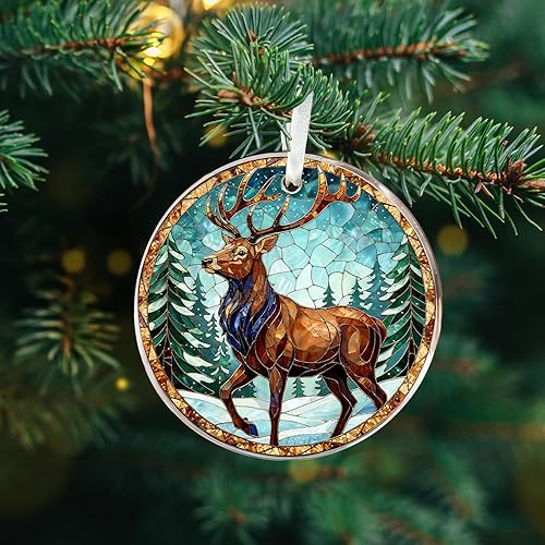 Miniatura 6 de Adorno de ciervo de vidrieras  Elegante decoración de árbol de Navidad de reno con escena del bosque, vida silvestre para amantes de la naturaleza o