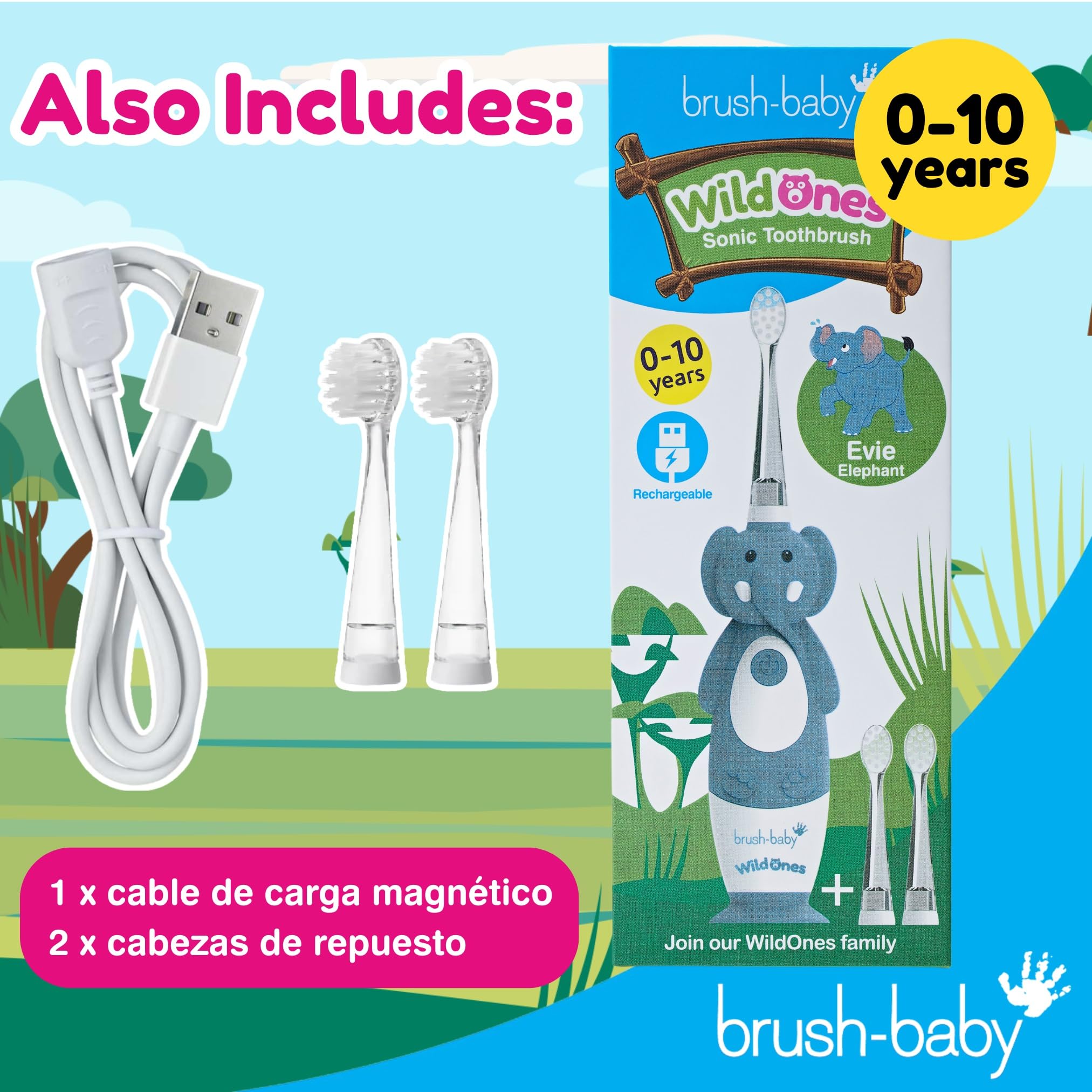 Brush-Baby WildOnes Cepillo de dientes eléctrico recargable para niños, elefante, 1 mango, 3 cabezales, cable de carga USB, para edades 0-10 (elefante)