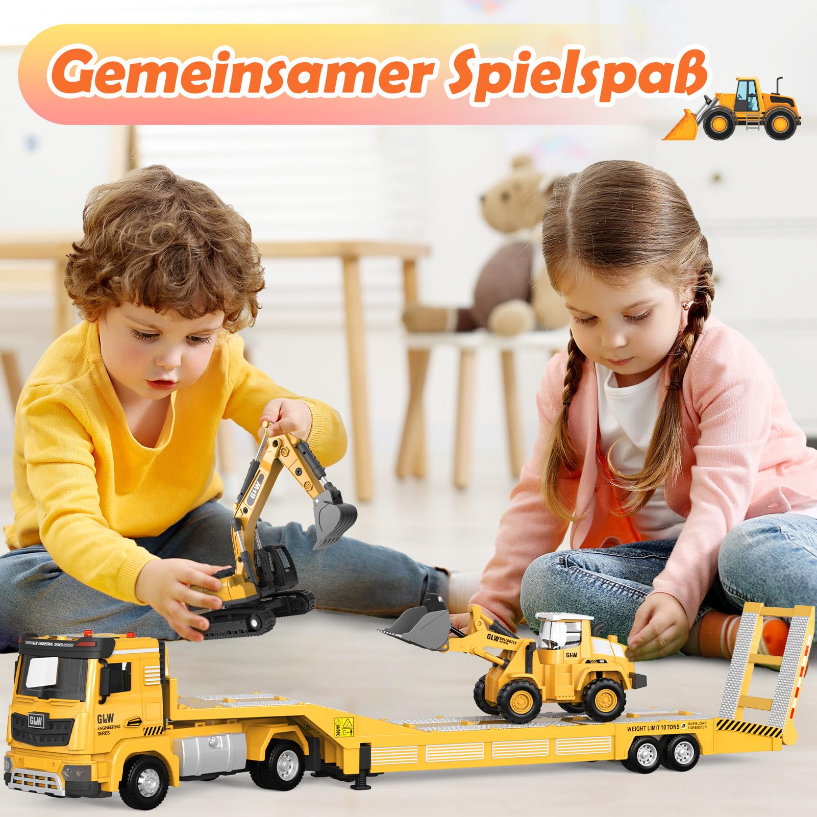 Spielzeug ab 3 Jahren Junge: Kinderspielzeug LKW mit Bagger, Bulldozer, Langen Baustellenfahrzeugen Autotransporter Lastwagen mit Licht und Sound, Kindergeschenke für Jungen ab 3 4 5 6 7 Jahren