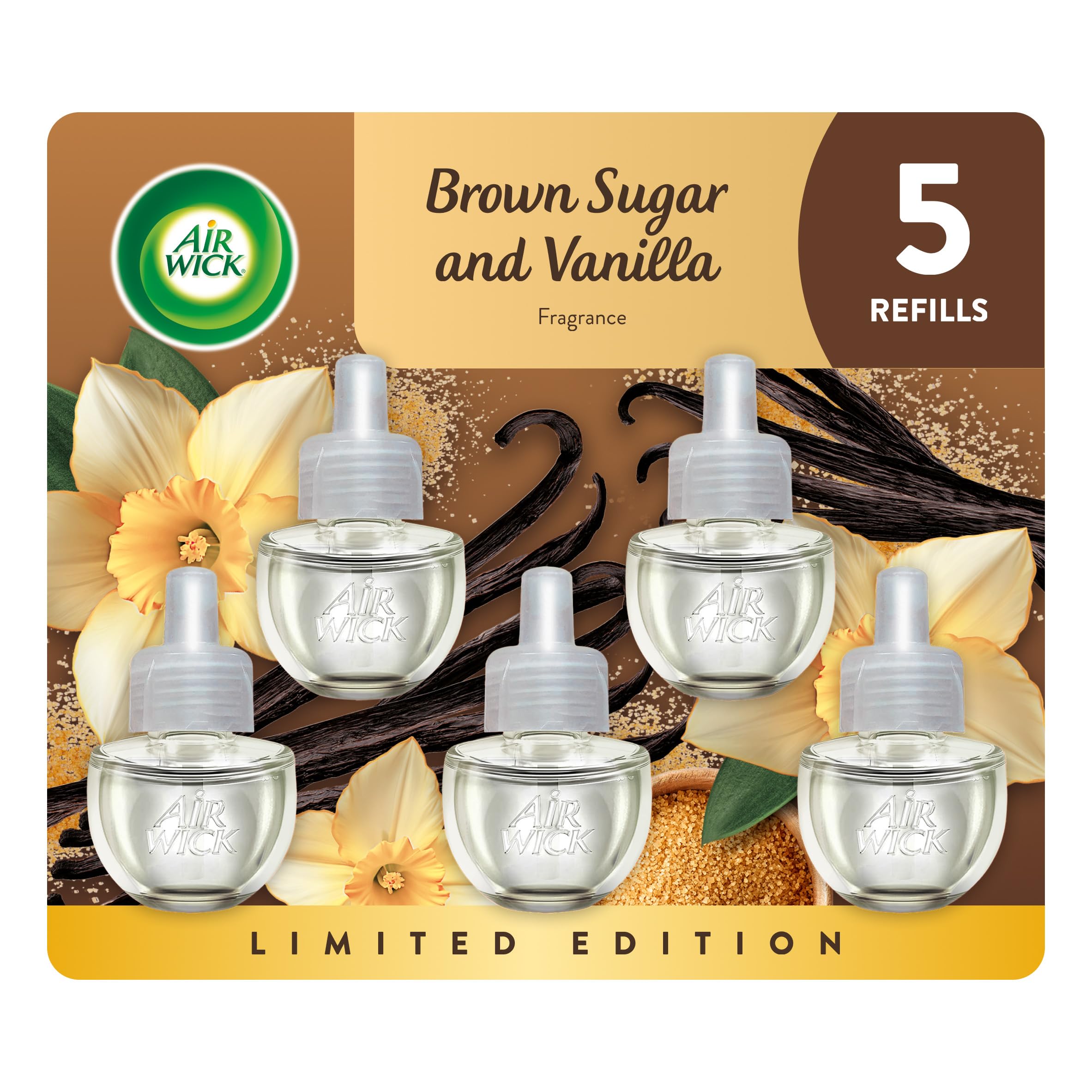 Air Wick Plug in Scented Oil 5 Refills, Brown Sugar and Vanilla, Fall Scent, Fall Spray, (5x20ml), Essential Oils, Freshener