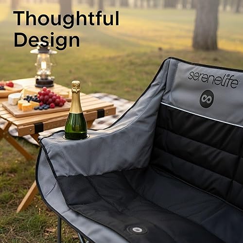 Miniatura 9 de SereneLife Silla doble de camping con portavasos y soportes para copas de vino, cómodo asiento al aire libre, tela impermeable, diseño portátil y