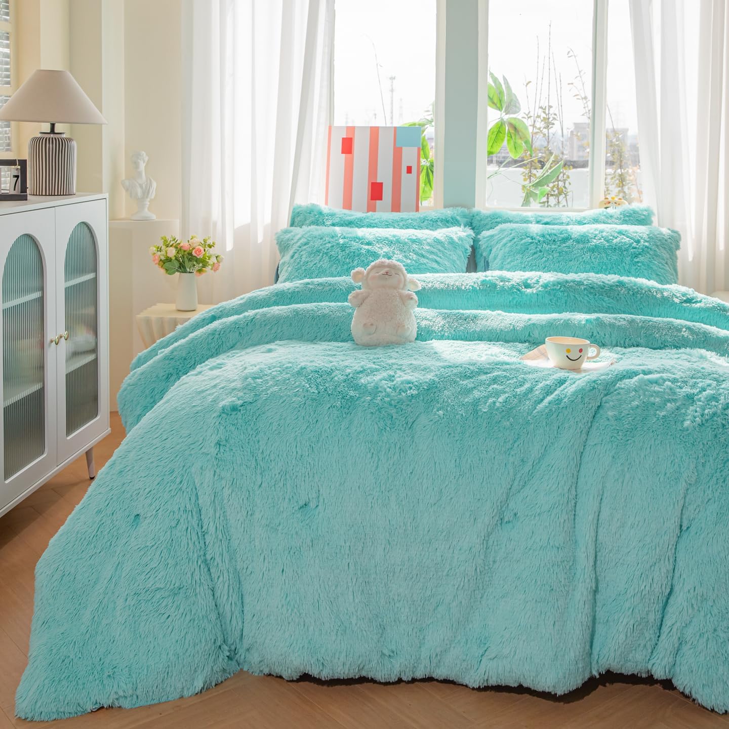 Faux Fur Kids Girls Sky Blue Comforter Sets Twin/Full - 3PC Bed Set Warm Comfortable Soft Plush Flannel Velvet Fluffy Fuzzy Bedding?Comforter x 1 Pillowcases x 2? B-sky Blue Twin/Full