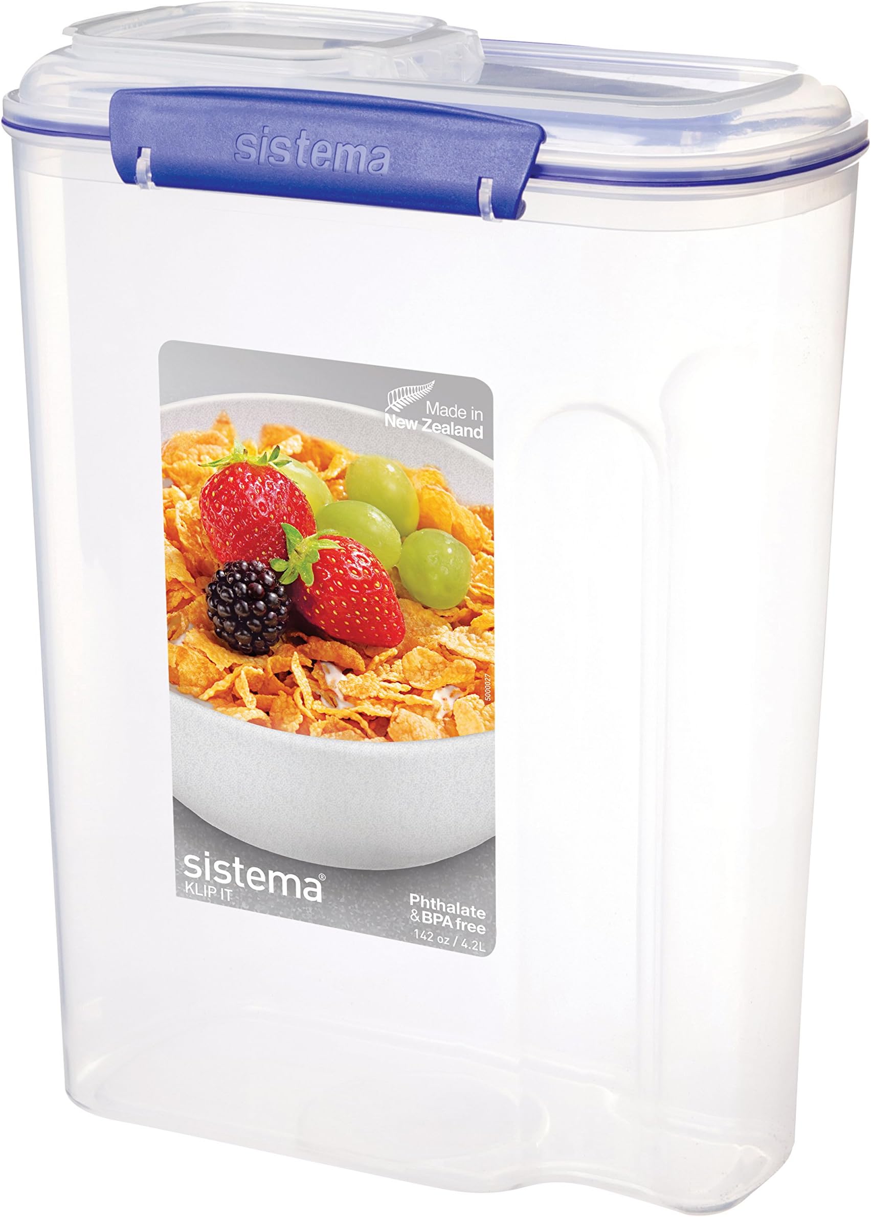 Sistema KLIP IT Cereal Container, Large 4.2L, Clear with Blue Clips, Airtight Storage with Lid, Plastic, BPA Free, Dishwasher, Microwave and Freezer Safe