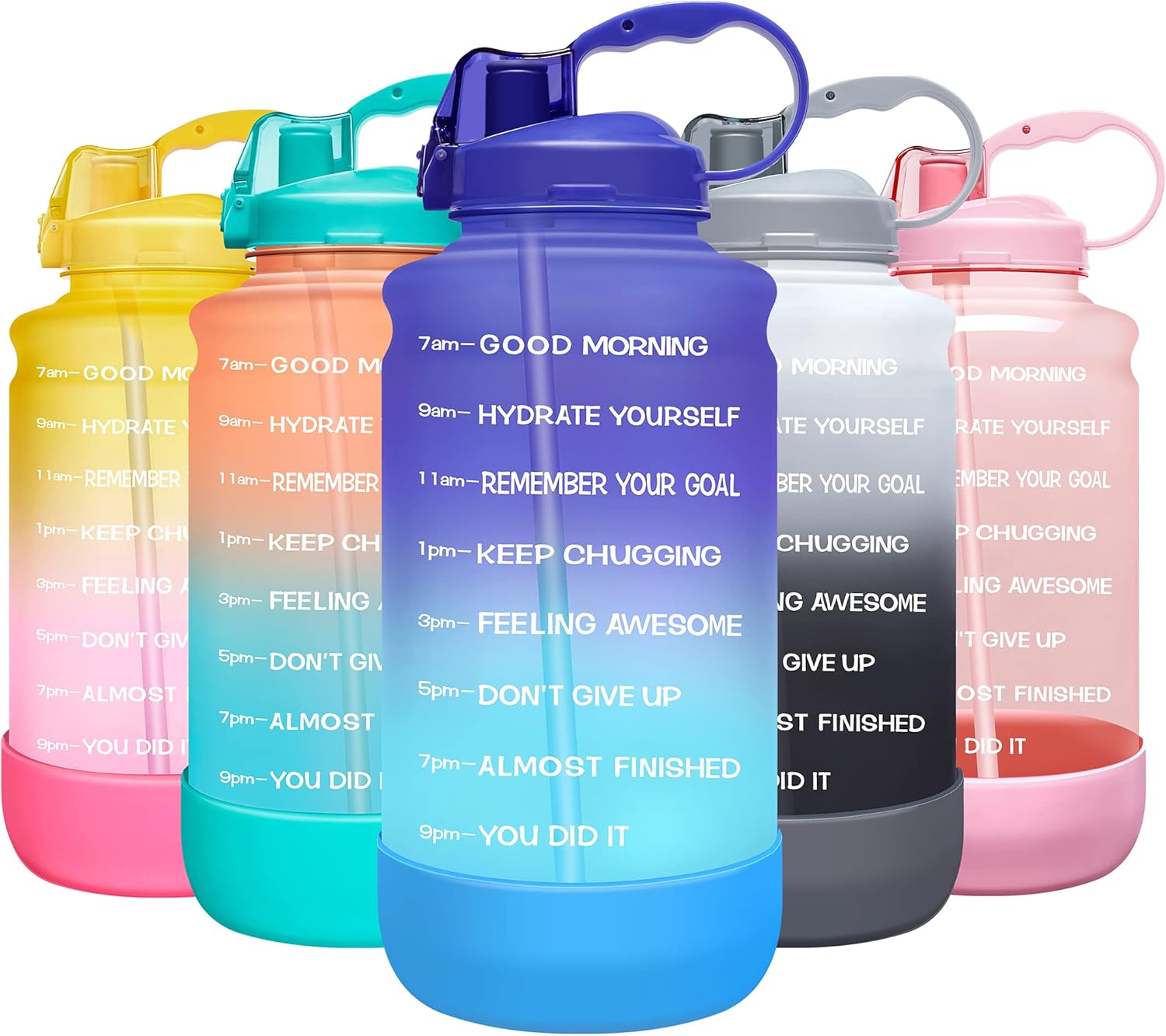 Elvira Large 1 Gallon/128 oz Motivational Time Marker Water Bottle with Straw & Protective Silicone Boot, BPA Free Anti-slip Leakproof for Fitness, Gym and Outdoor Sports-Green/Purple Gradient : Sports & Outdoors