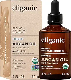 Cliganic Óleo de Argan Orgânico, 60 ml - Certificado pelo USDA - Puro Ingrediente Único - Óleo Corporal Prensado a Frio - Para Cabelo, Rosto e Corpo