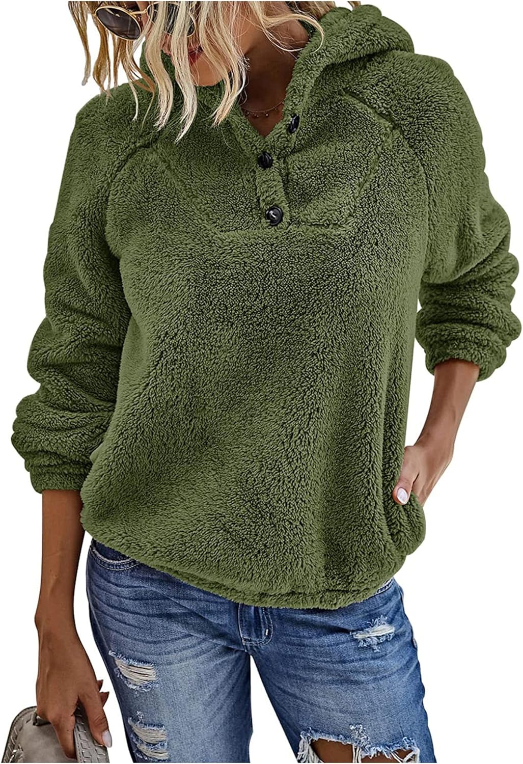 KIRUNDO Sherpa Pullover Womens Fuzzy Fleece Hoodies Sweatshirts 2026 Casual Long Sleeve Shaggy Winter Clothing With Pockets