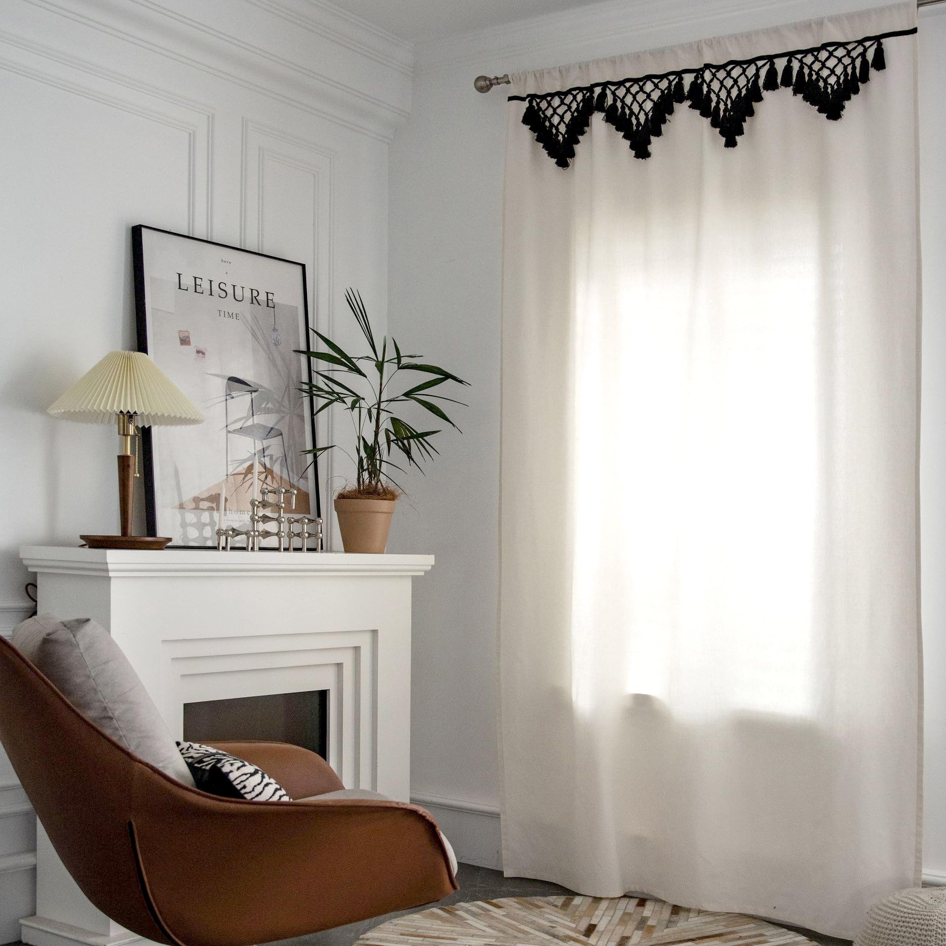 MolaxhomeBohemian Semi-Blackout Curtains with Tassel,Cotton and Linen Farmhouse Rod Pocket Window Curtain Panels for Living Room Bedroom Dining Room (150 x 220 cm, Black)