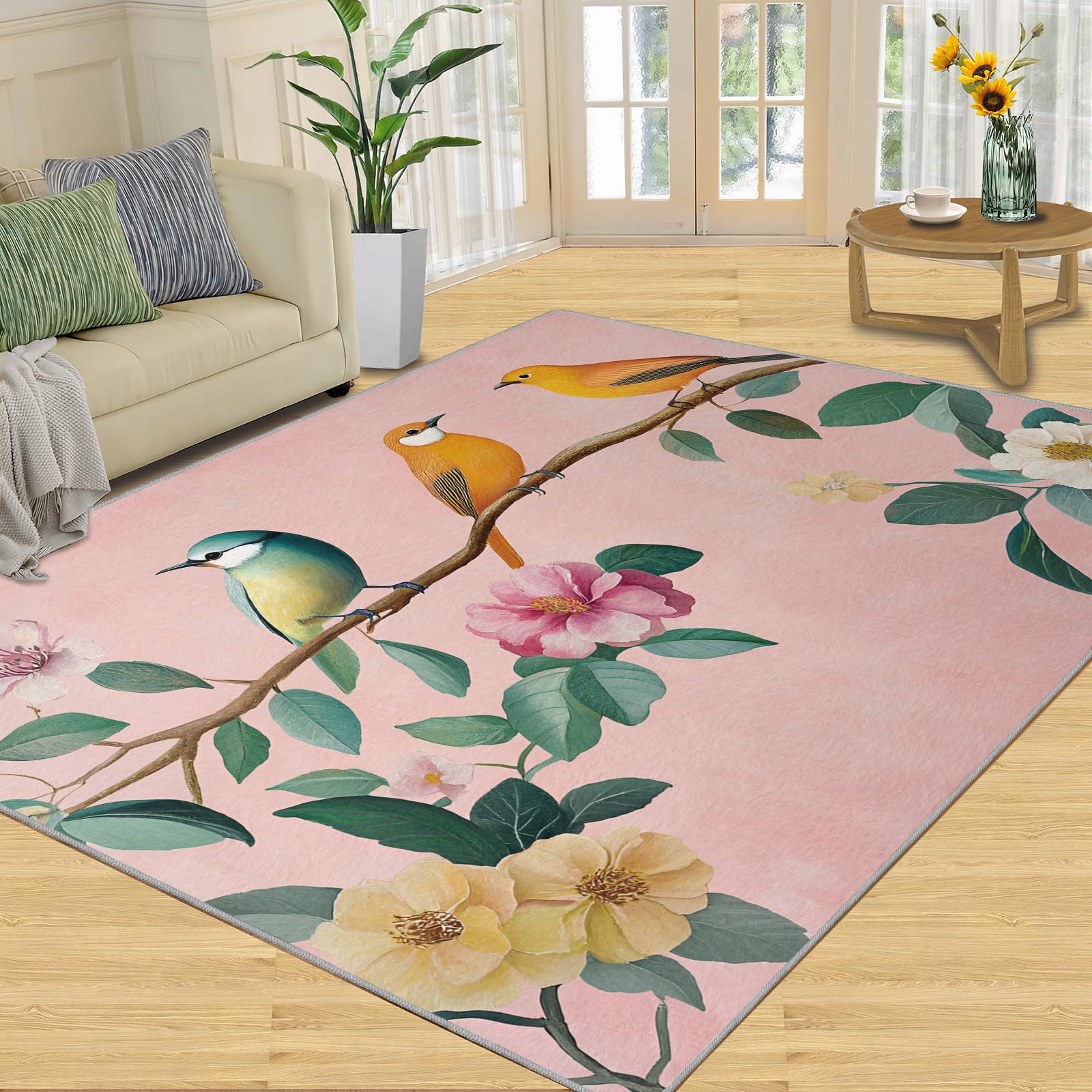 Tapis à poils courts imprimé floral oiseaux décoration élégante