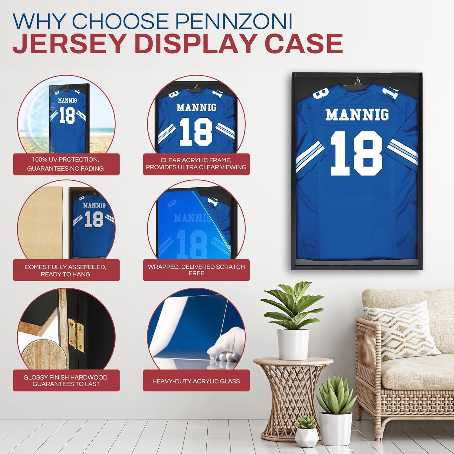 PENNZONI Jersey Frame Display Case - Crystal Clear Acrylic Jersey Frame for Baseball, Football, Hockey, Soccer & Basketball, Jersey Shadow Box - Black