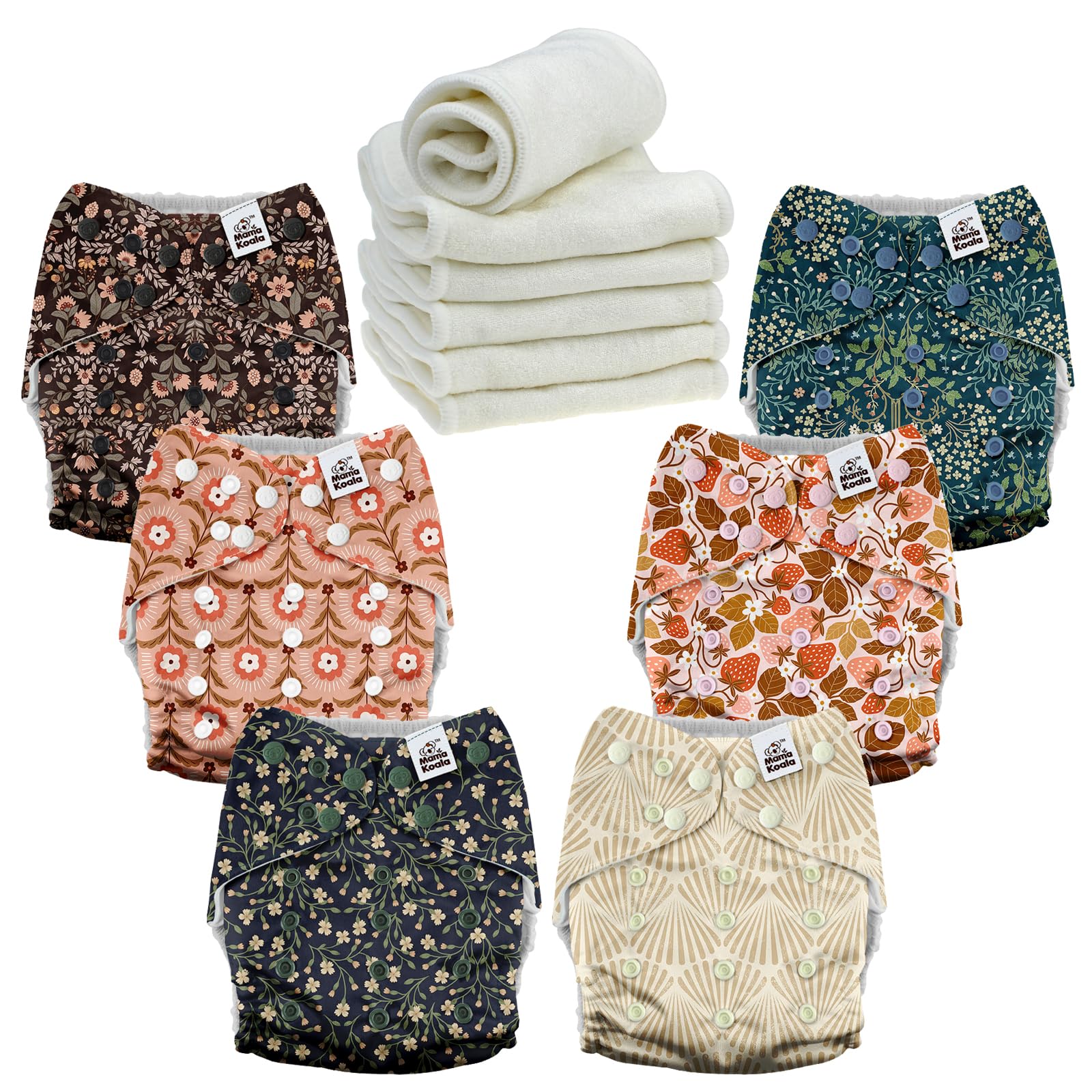 Mama Koala 6 Pack Reusable Cloth Diapers 3.0 for Babies Girls Newborn, One-Size Adjustable Baby Diaper, Durable Stitching, Back Opening for Inserts, Breathable Awj Lining, Leak Prevention-Blossom
