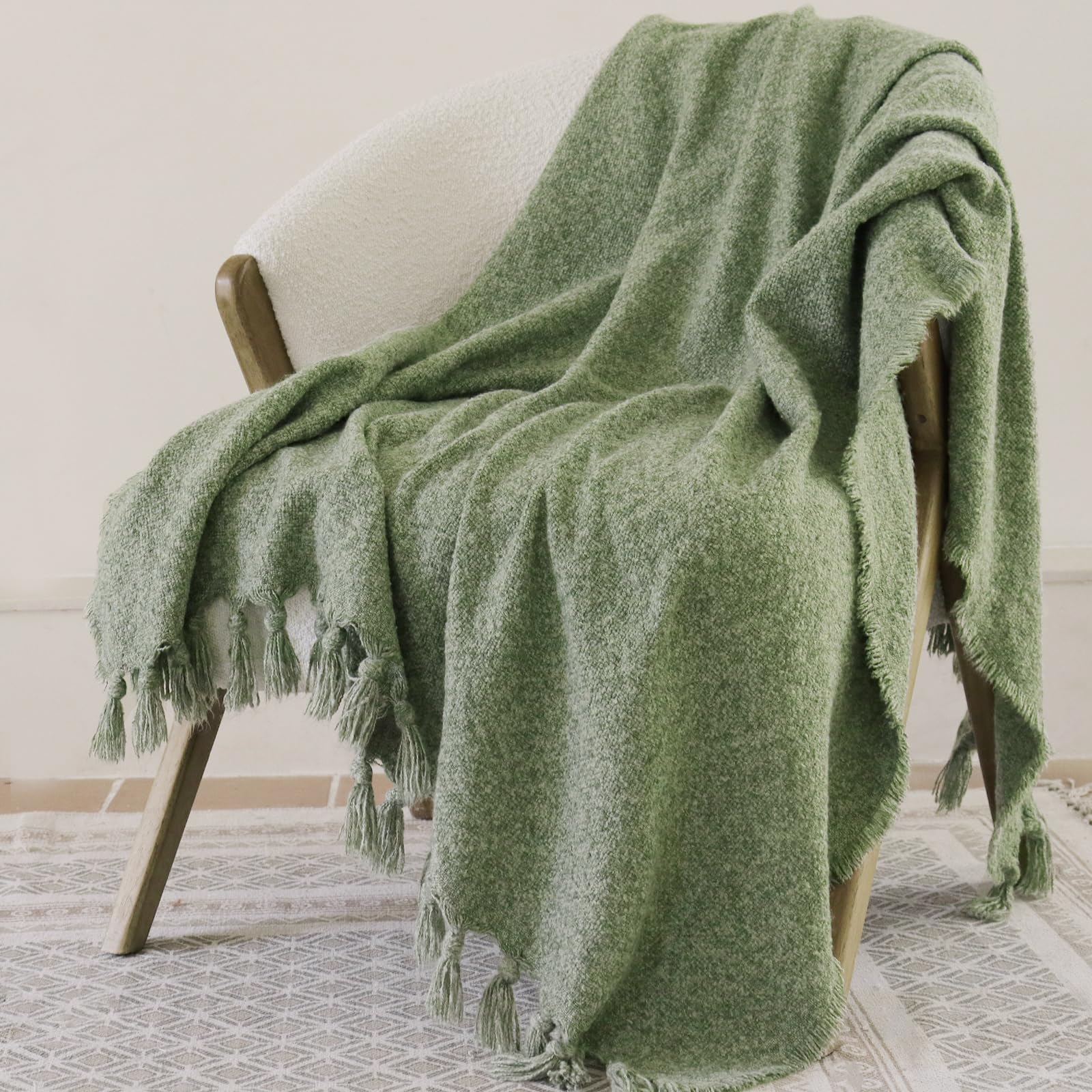 ZonLi Sage Green Throw Blanket for Couch Bed 50" x 60" - Soft Breathable Textured with Hand-Knotted Tassels Blanket - Cozy Decorative Throw Blankets for Sofa and Living Room