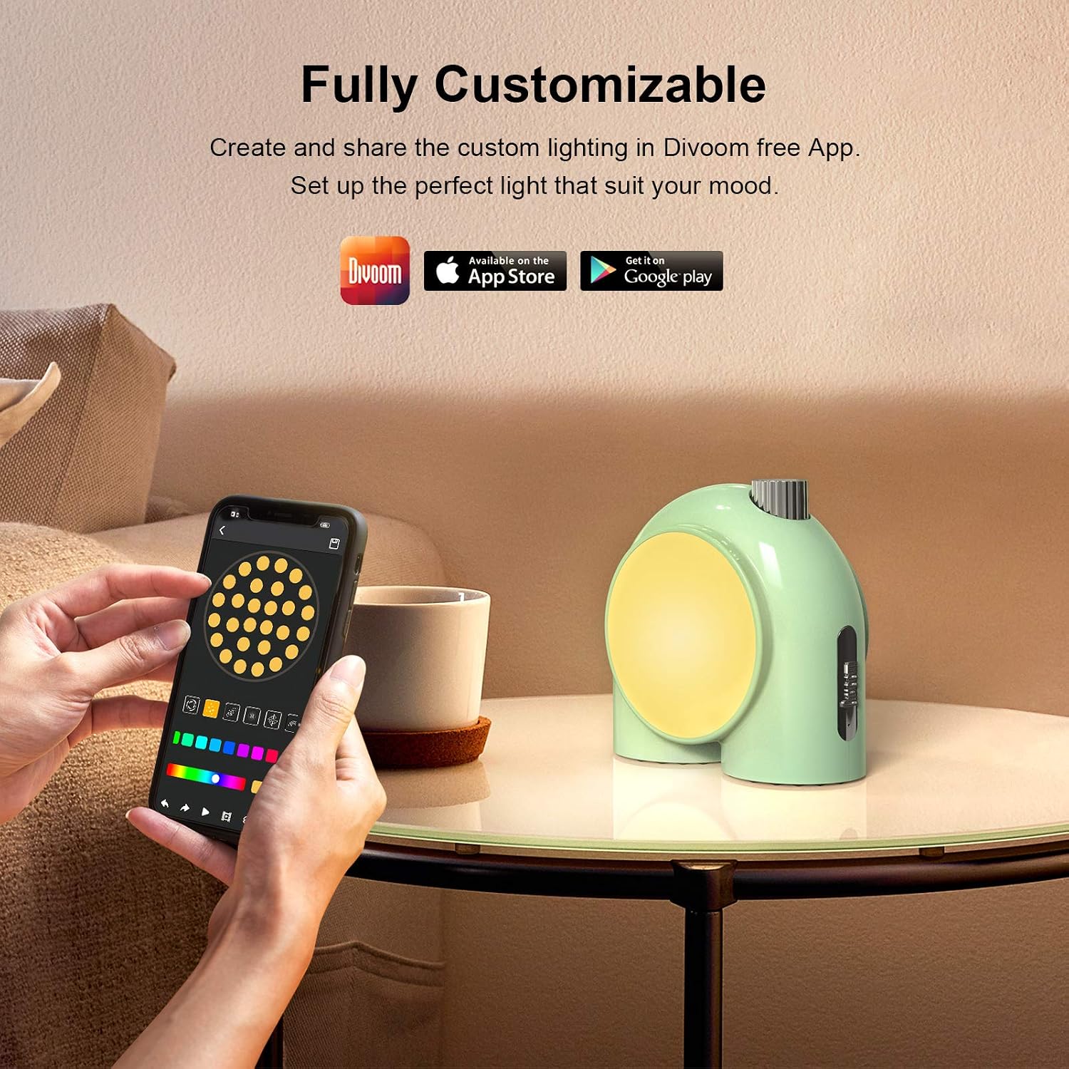 Divoom Planet-9 Smart Mood Lamp, Cordless Table Lamp with Programmable RGB LED for Bedroom Gaming Room Office, Green