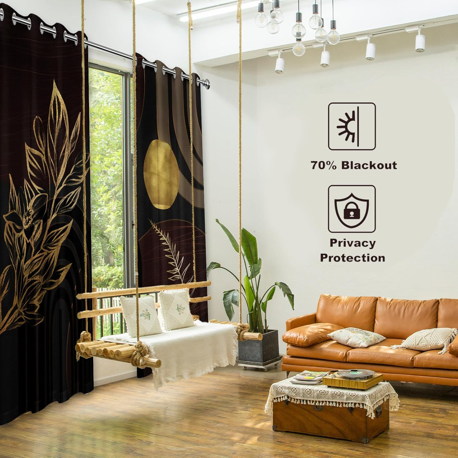 Mid Century Modern Black and Brown Blackout Curtains, Bohemian Gold Dark Brown and Black Window Drapes for Bedroom Living Room, 63 inch Length 2 Panels Set, 52x63 inch