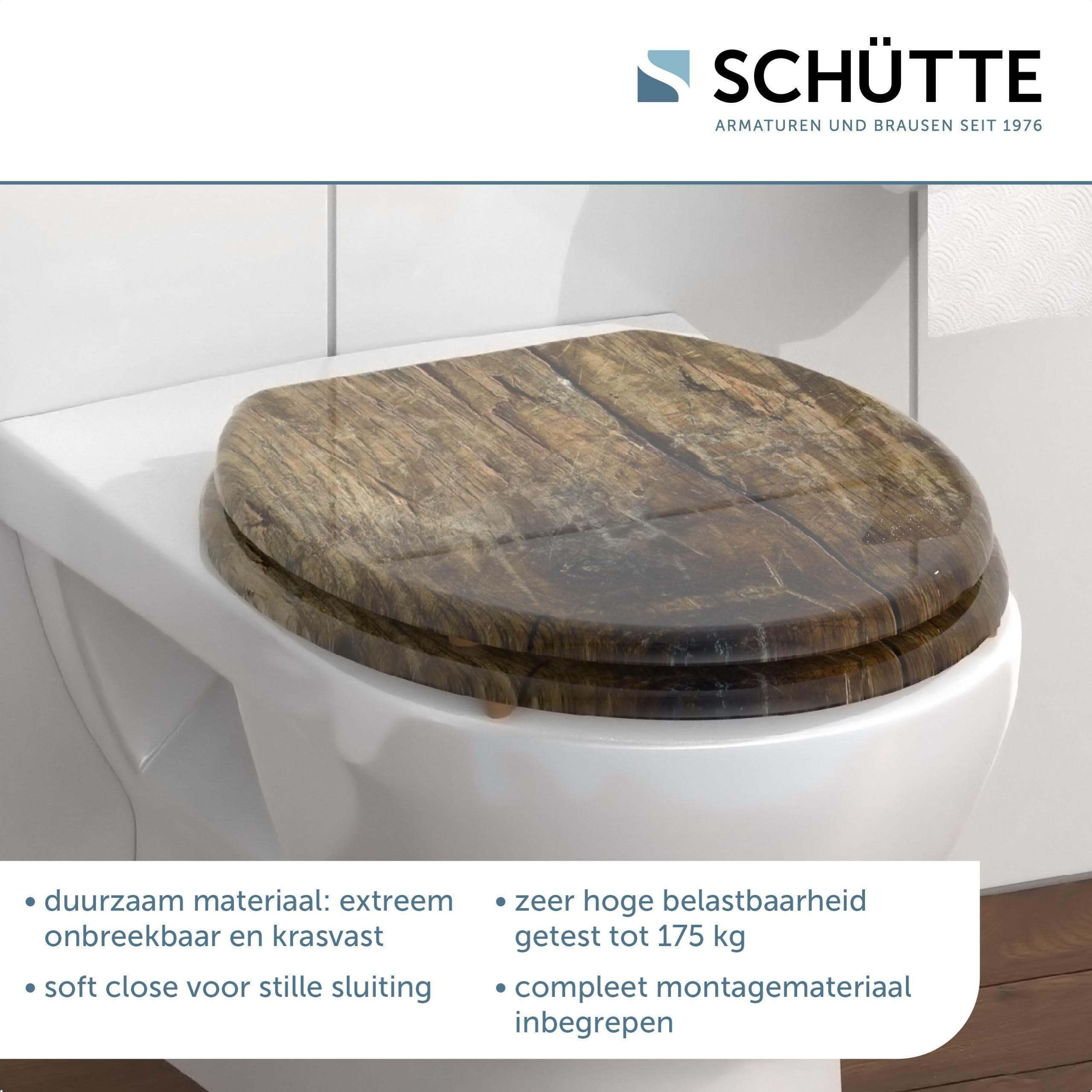 SCHÜTTE DARKWOOD Toilet Seat with Soft Close Mechanism Made of Wood, Toilet Seat with Toilet Lid, Wooden Core Toilet Lid with Motif (Maximum Load of Toilet Seat 150 kg), Wood Colours