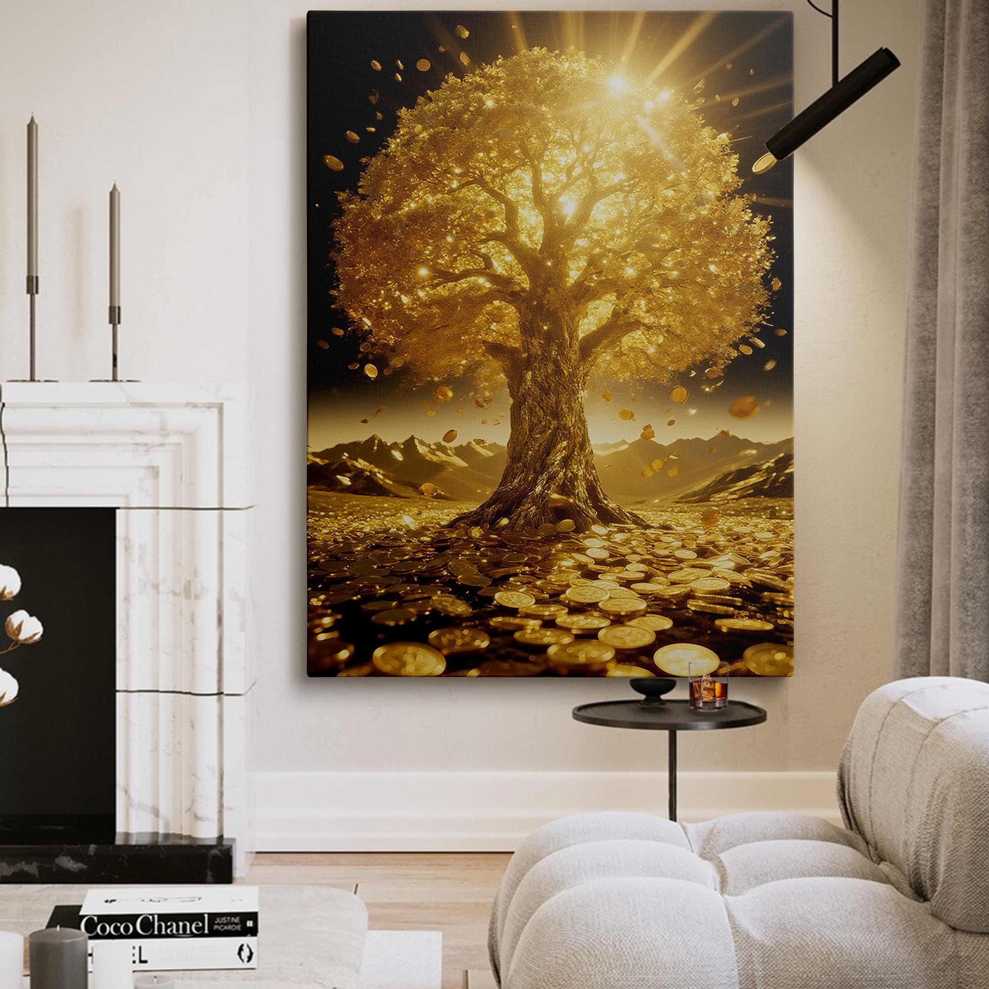 XBTYKPB Lienzo decorativo Árbol del Dinero Dorado: Decoración Feng Shui para la prosperidad, láminas y pósteres para la decoración del hogar en la sala de estar (70x100cm/marco interior)