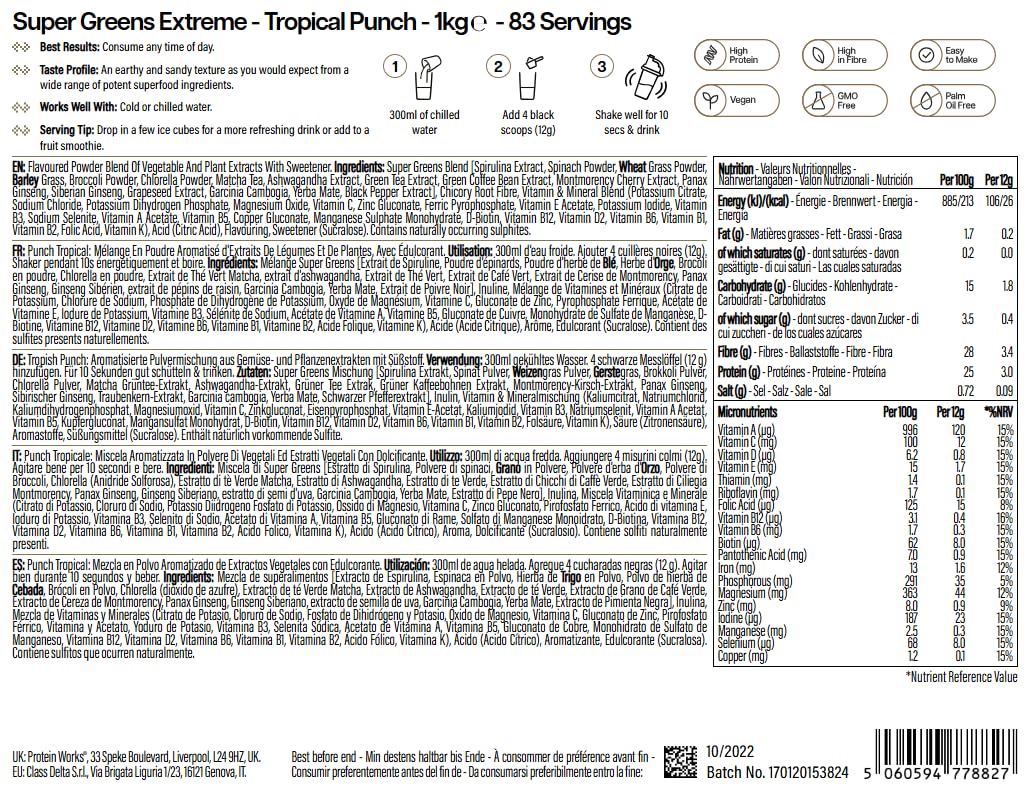 Protein Works | Super Greens 360 - Gold, Ponche Tropical, 1 kg | Mezcla de Superalimentos Verdes Mejorada, 159 Beneficios para la Salud, Antioxidantes, Adaptógenos, Vegano, 83 Porciones