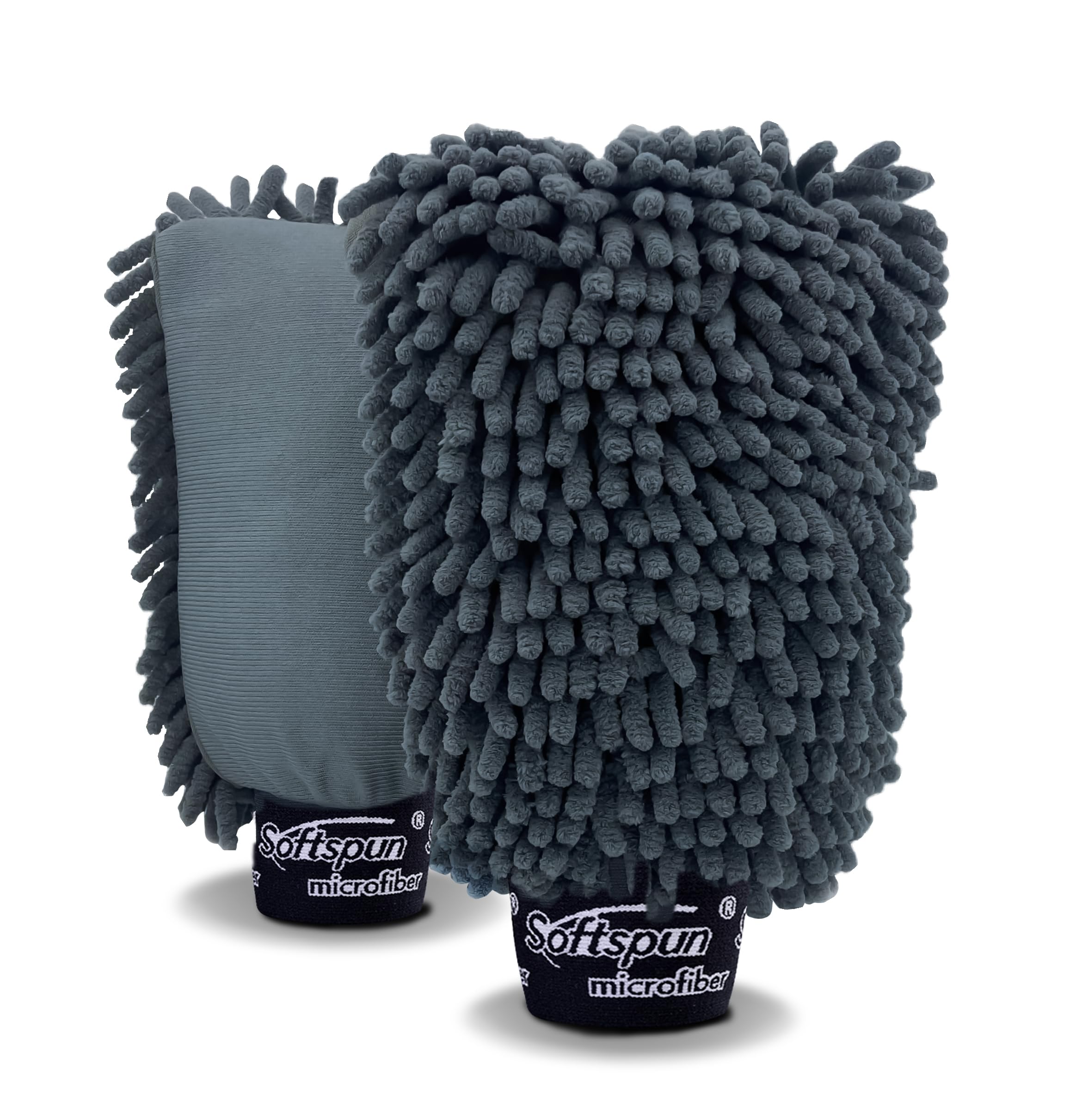 SOFTSPUN Microfiber Single Side Chenille Mitt, 2 Piece Set 1700 GSM Grey! Multi-Purpose Super Absorbent and Perfect Wash Clean with Lint-Scratch Free Home, Kitchen, Window, Dusting!