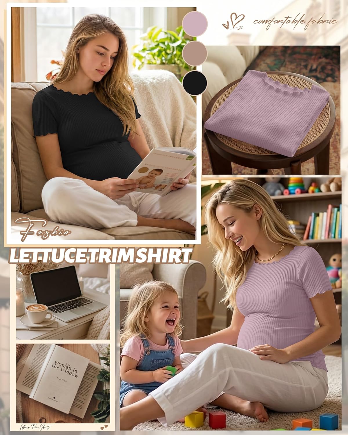 3 Pack Women's Maternity Shirt Short Sleeve Cotton T-Shirts Boat Neck Ribbed Tops Side Ruched Pregnancy Clothes - Image 3